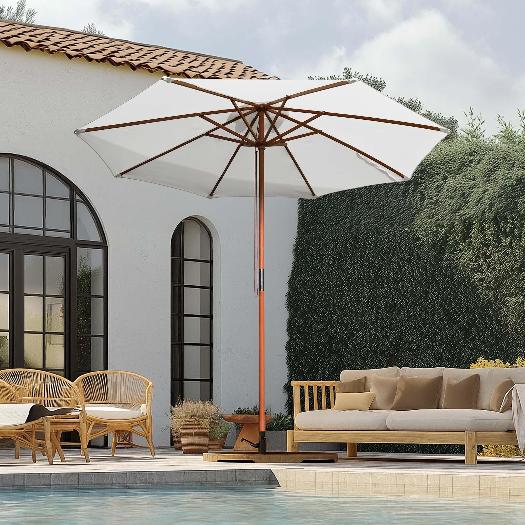 9ft Wood Outdoor Patio Umbrella - Pure White Sun Shade for Garden, Yard, Beach, Deck, Cafe & Wedding Parties - Perfect for Relaxing and Outdoor Entertaining