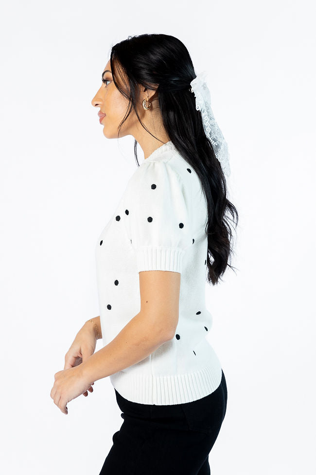 Polka Dot Ivory and Black Short Sleeve Sweater for Women - Cozy Knit Pullover Top for Casual Outings, Date Nights & Office Wear