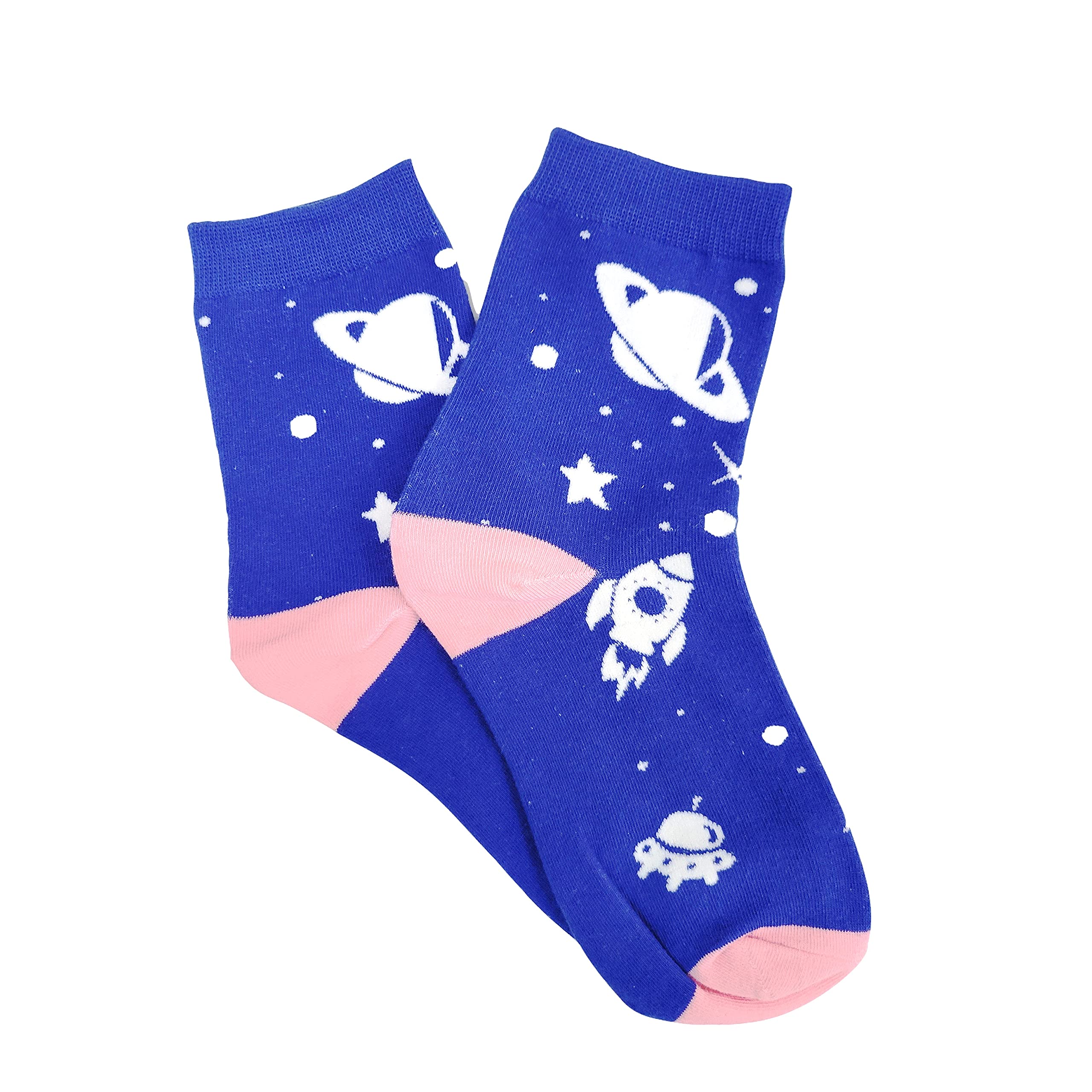 Blue Space Socks with Planets & Rockets - Astronaut Galaxy Crew Socks for Men & Women (Adult Small) - Perfect for Cosplay, Gifts & Space Enthusiasts