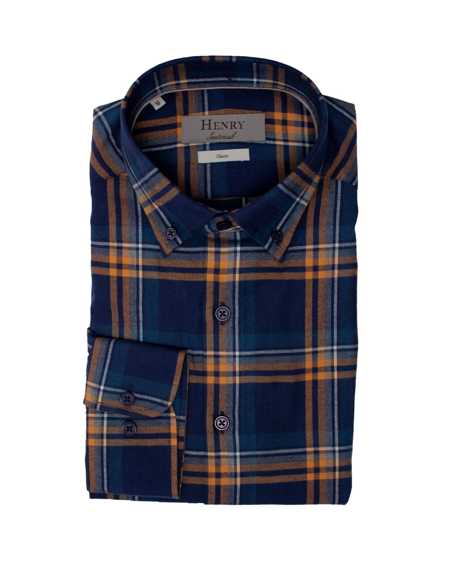Henry Sartorial Casual Check Button-Down Shirt for Men - Navy & Brown Plaid Flannel Shirt - Perfect for Office, Date Night & Weekend Outings