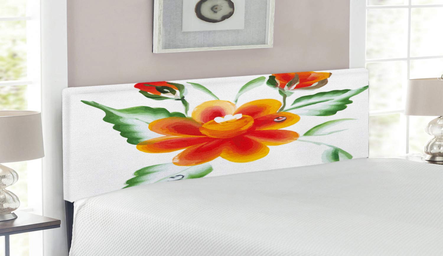 Ambesonne Queen Size Upholstered Headboard - Watercolor Daffodils & Green Leaves Floral Design, Decorative Metal Bed Frame with Memory Foam, Orange & Green | Perfect for Bedroom Decor, Guest Rooms & Bohemian Style Homes