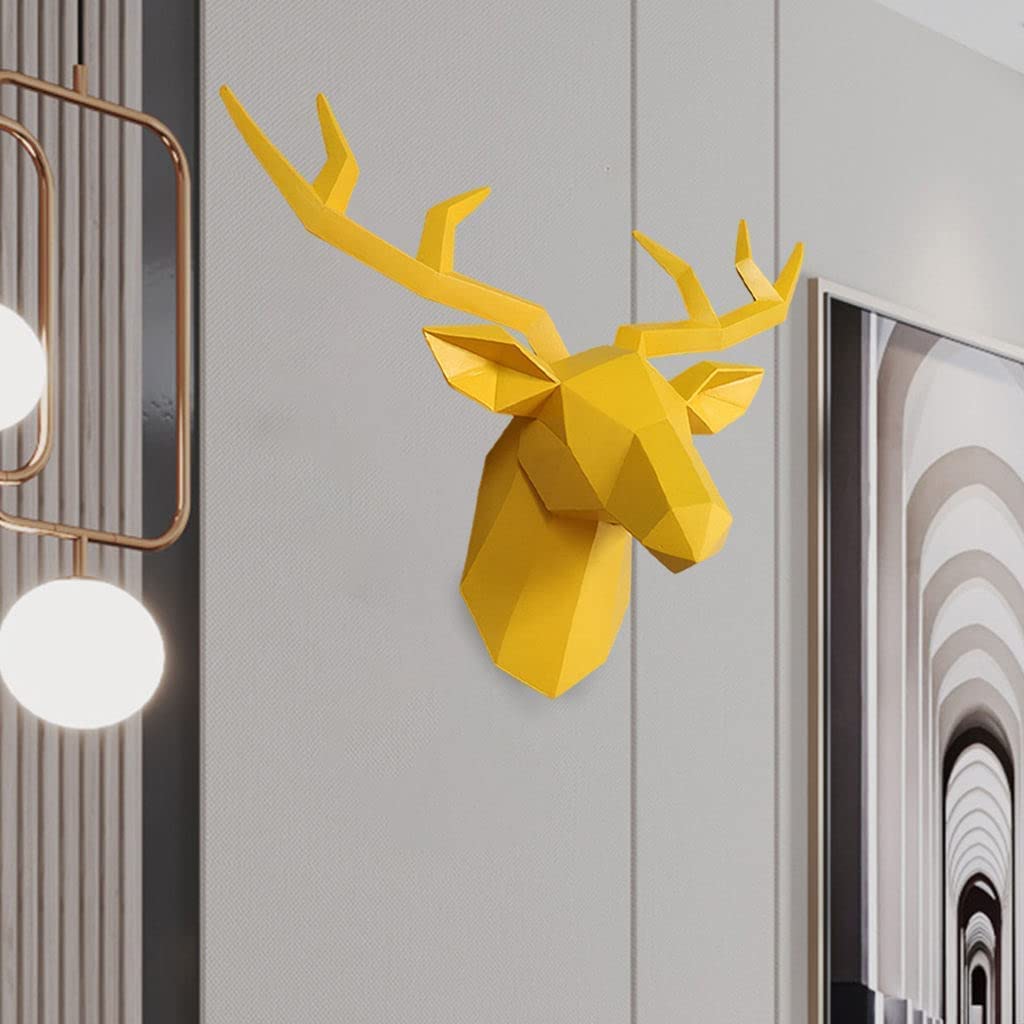 3D Deer Head Wall Mount Sculpture - Realistic Elk Antler Decor for Living Room, Office, Gallery - Yellow - Perfect for Rustic, Farmhouse & Hunting Lodge Decor