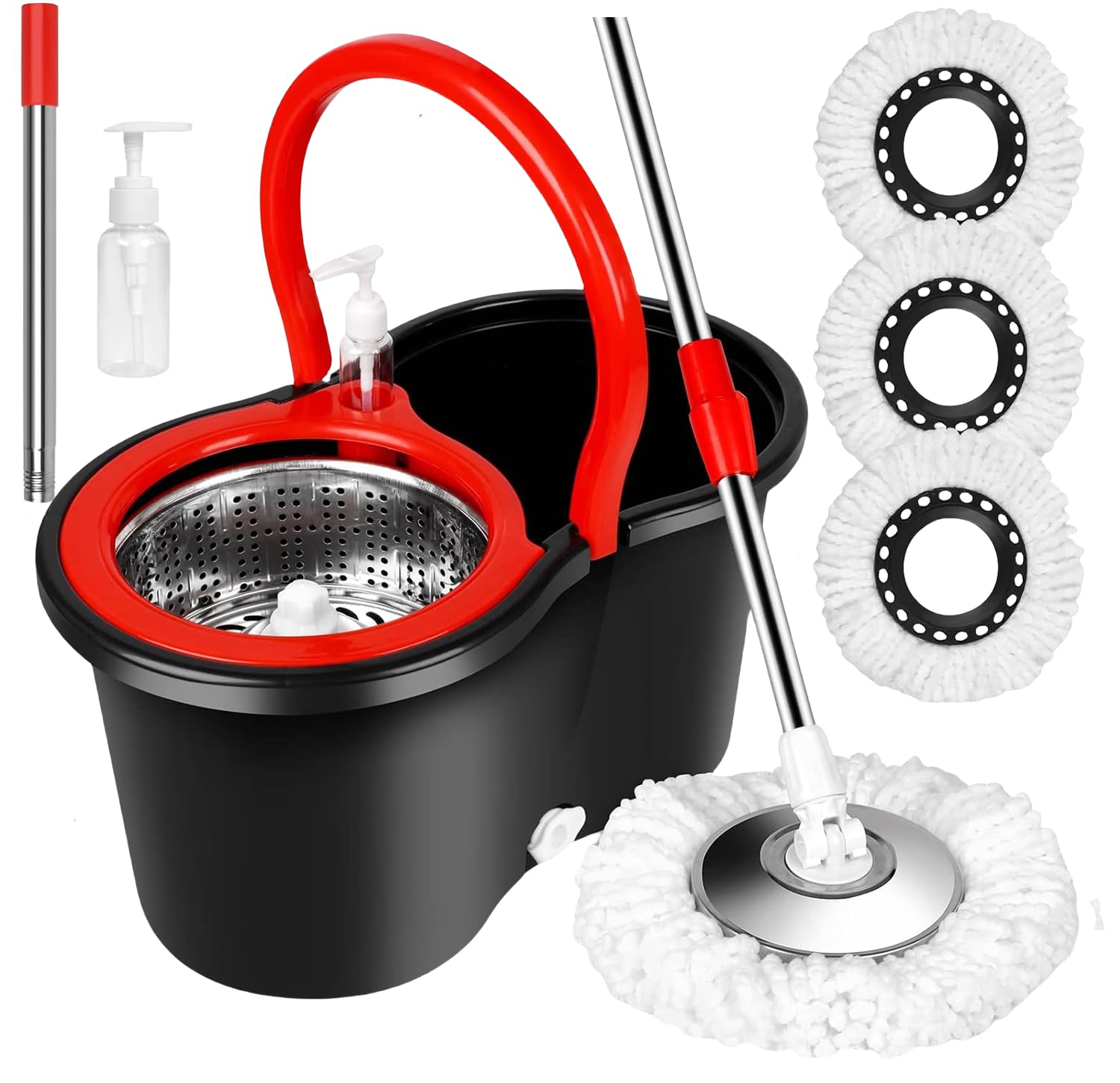 360° Spin Mop and Bucket Set with Wringer - 3 Microfiber Mop Refill Heads & 61