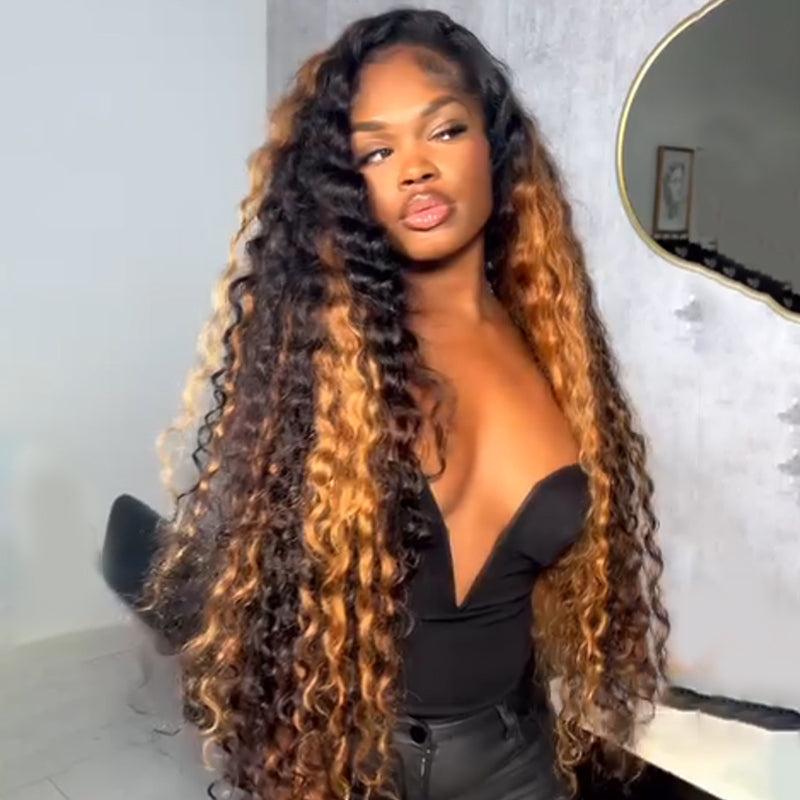 Eullair Brown Blonde Loose Deep Wave Human Hair Wig with Transparent HD Lace - Pre-Colored Lace Frontal Wig for Women | Natural Look for Daily Wear, Parties & Special Occasions