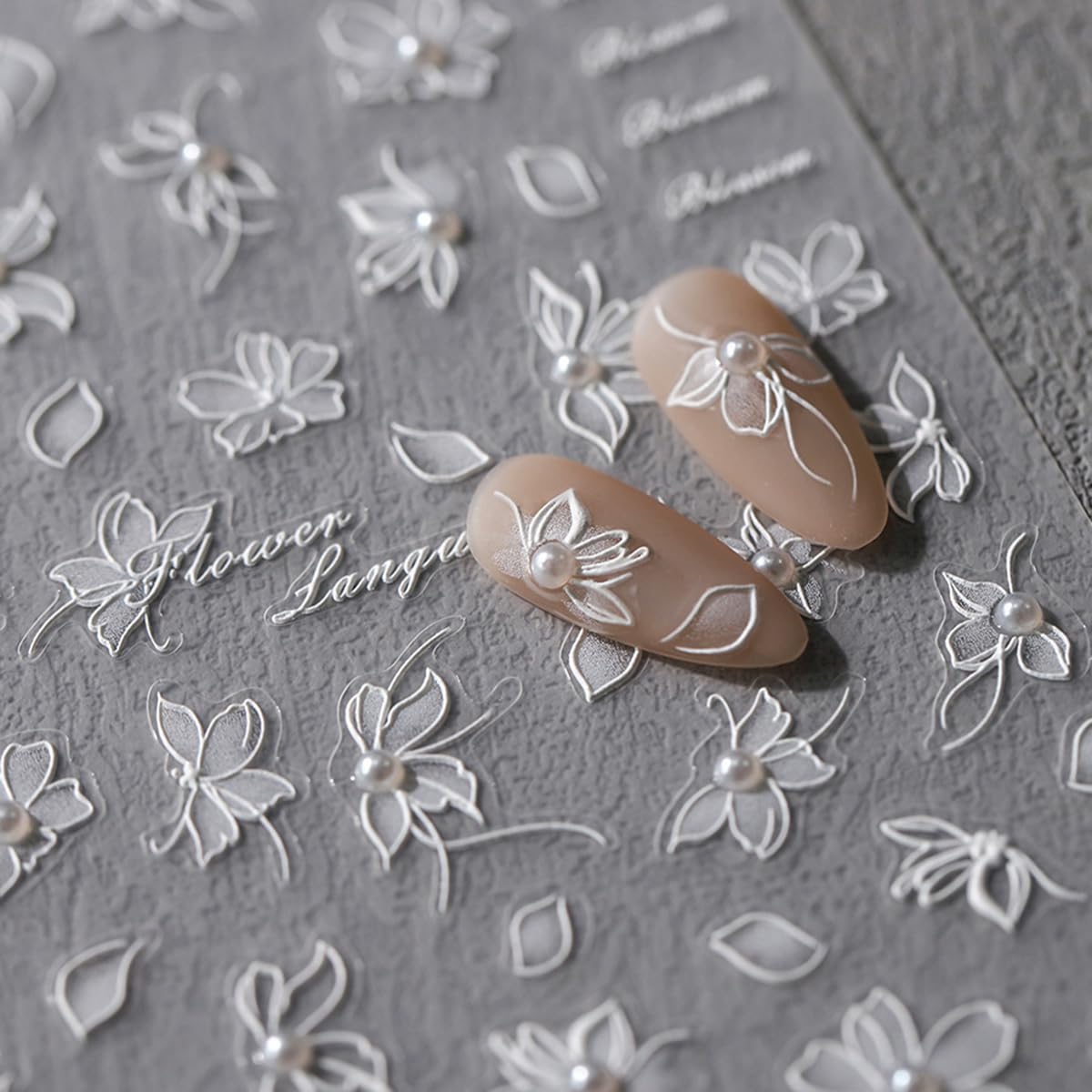 5D Sparkly White Floral Nail Art Stickers - 3D Embossed Pearl Adhesive Slider Decals for DIY Manicure | Perfect for Bridal, Party & Everyday Nail Decorations