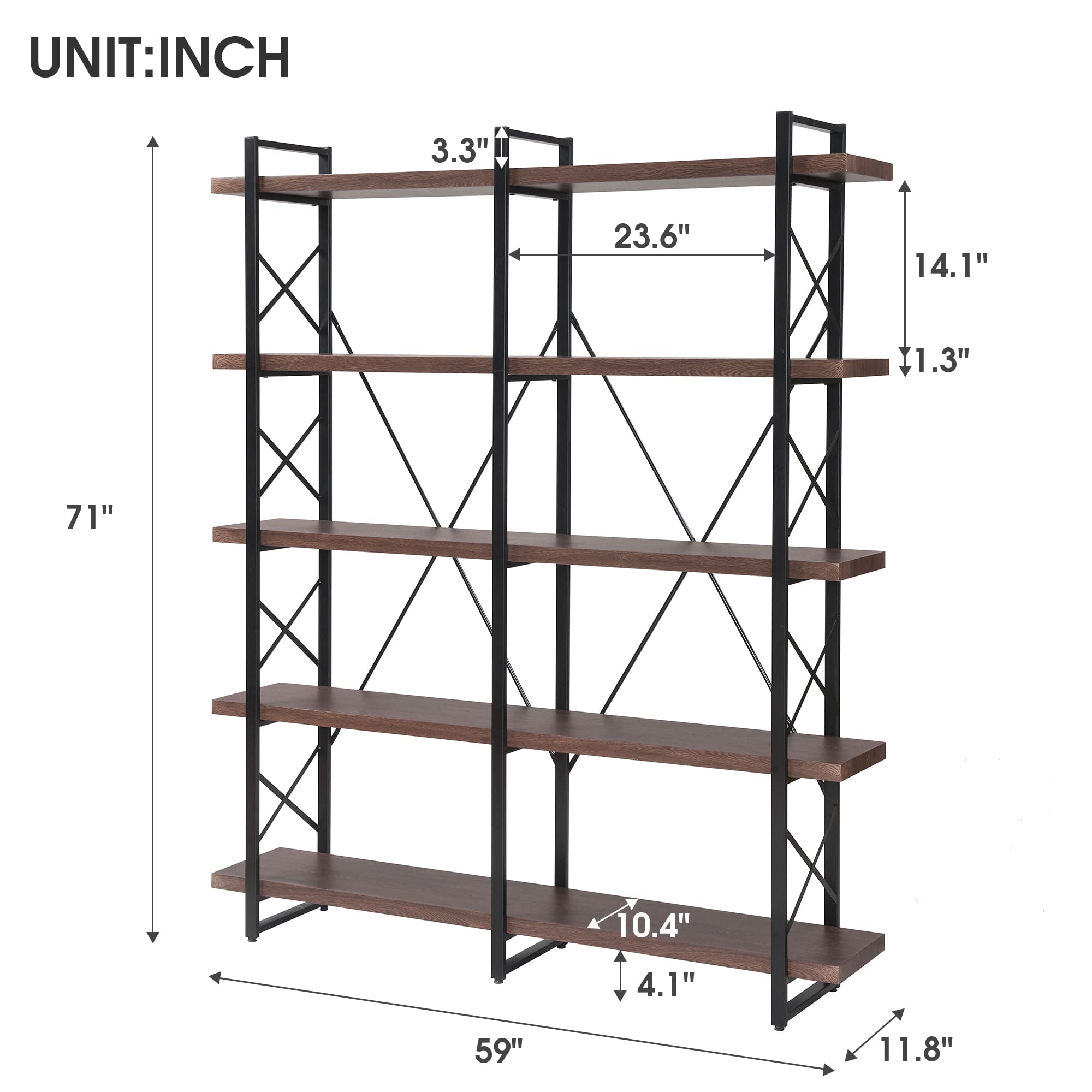 Merax 5-Tier Industrial Bookshelf - X Design Metal Frame Storage Shelf for Home Office, Living Room & Bedroom (Espresso, 71 Inch) - Perfect for Organizing Books, Decor & Office Supplies