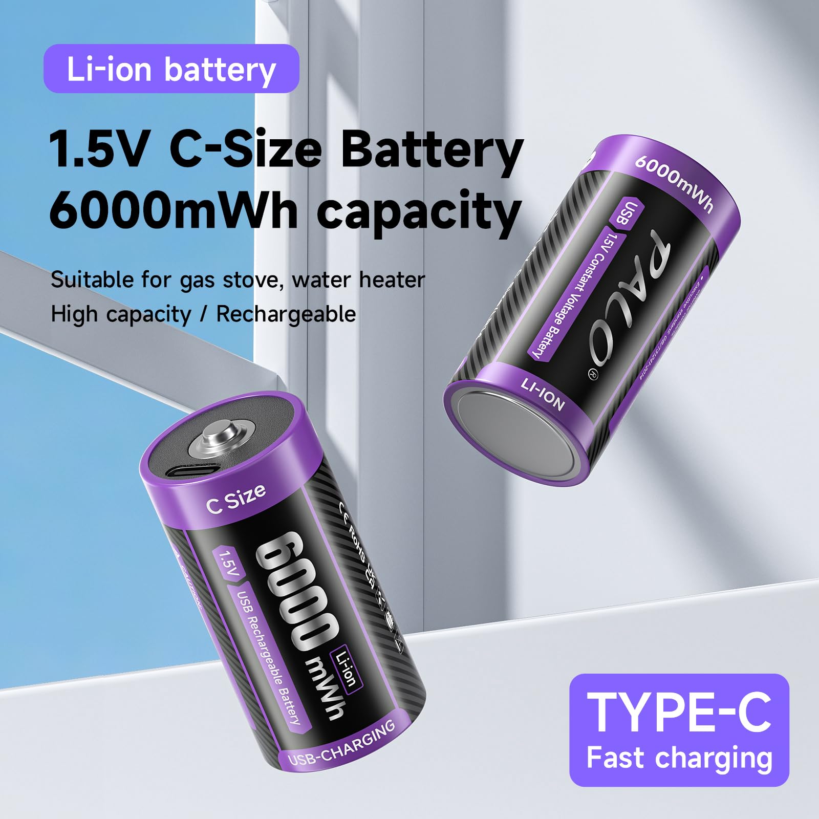 4-Pack 1.5V Lithium C Rechargeable Batteries - 6000mWh Li-ion C Cell Batteries with 2-in-1 USB-C Charging Cable | Long-Lasting Power for Flashlights, Toys, Clocks & Office Electronics | Household & Commercial Use