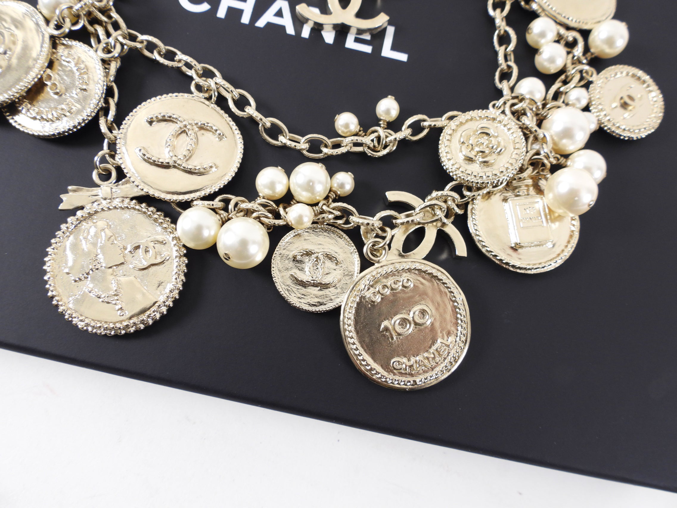Chanel 14P 100th Anniversary Gold Coin Pearl Long Necklace for Women - Vintage Luxury Jewelry Gift for Anniversary, Birthday & Special Occasions