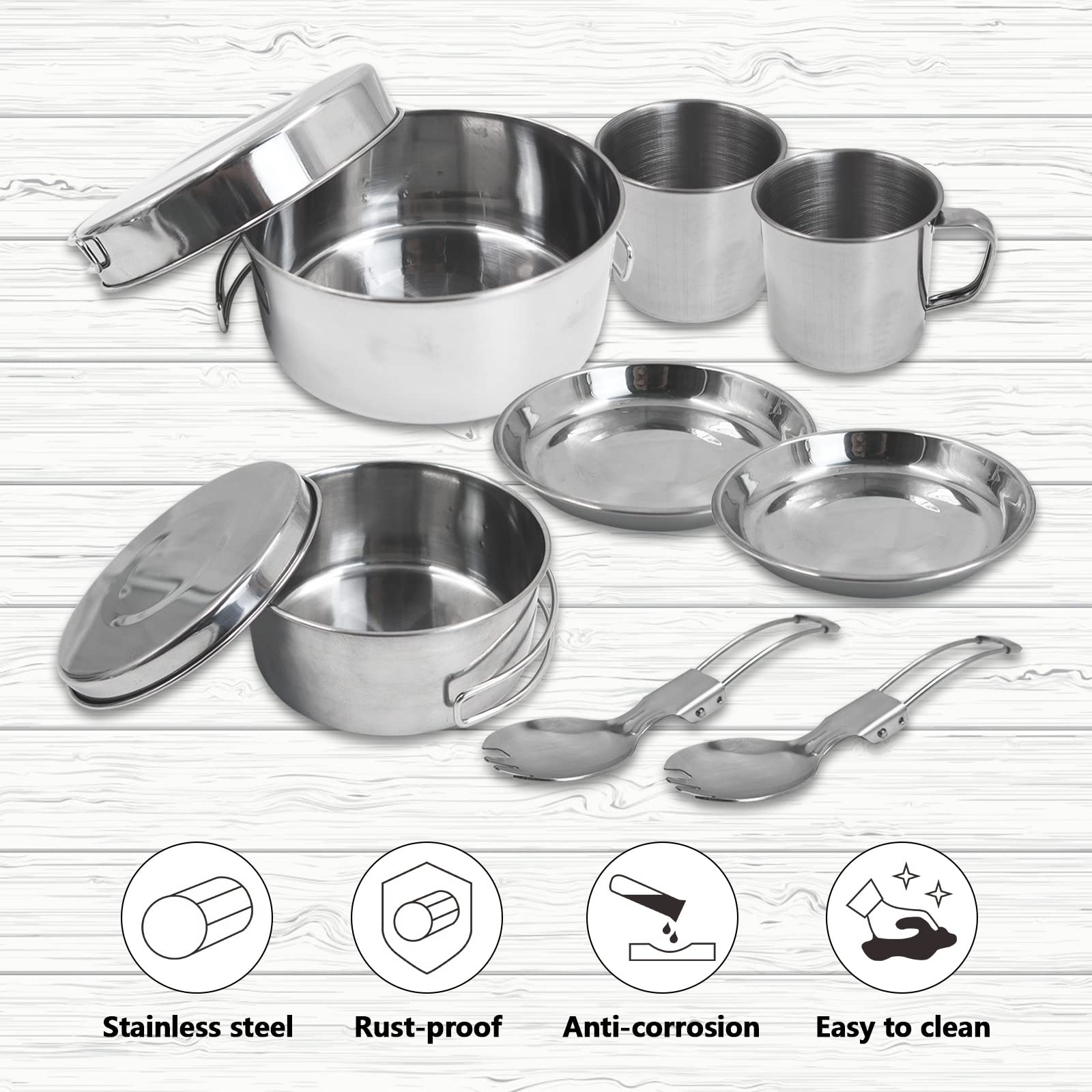 10Pcs Stainless Steel Camping Cookware Set - Lightweight Mess Kit with Folding Handle, Pots, Pans, Cups & Utensils for Backpacking, Hiking, Outdoor Adventures & Emergency Preparedness