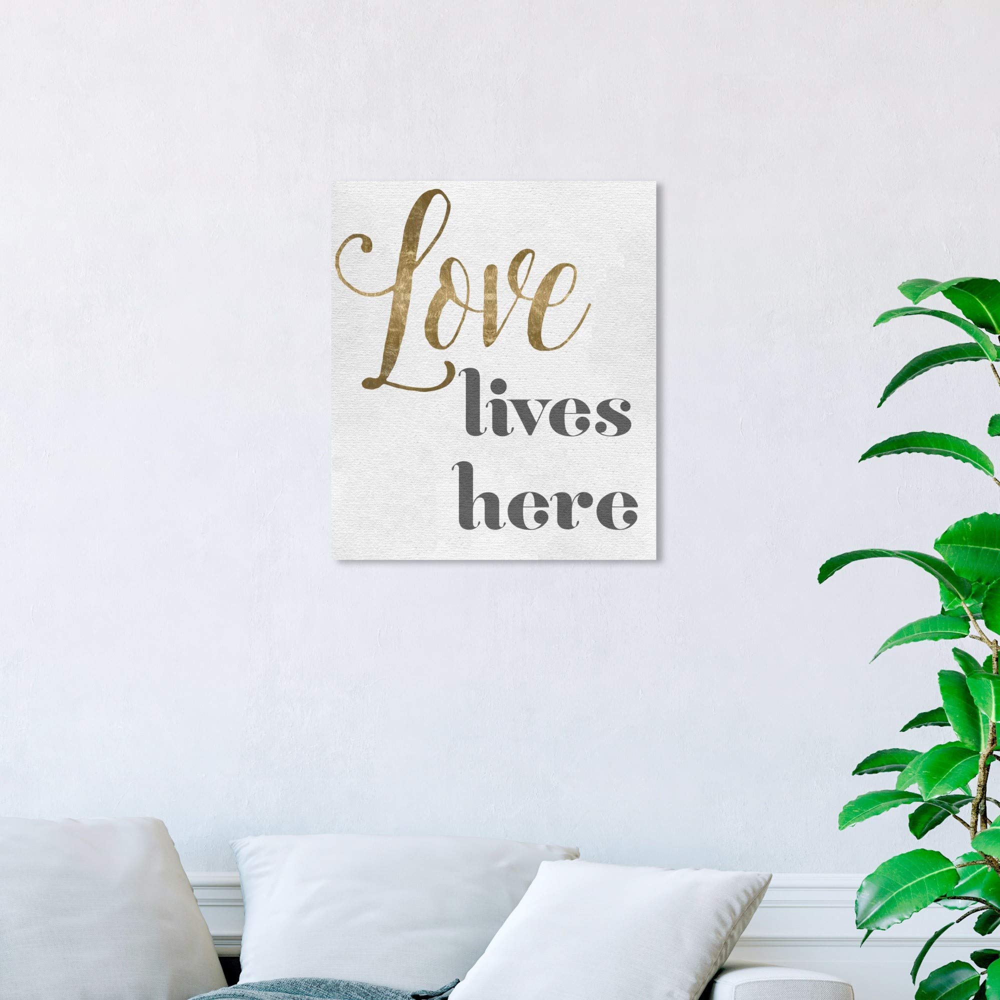 Oliver Gal Artist Co. 'Love Lives Here' Wall Art Canvas Print - 20x24 Inch Typography Quote Home Decor in Gold & Gray | Perfect for Living Room, Bedroom & Office Decor