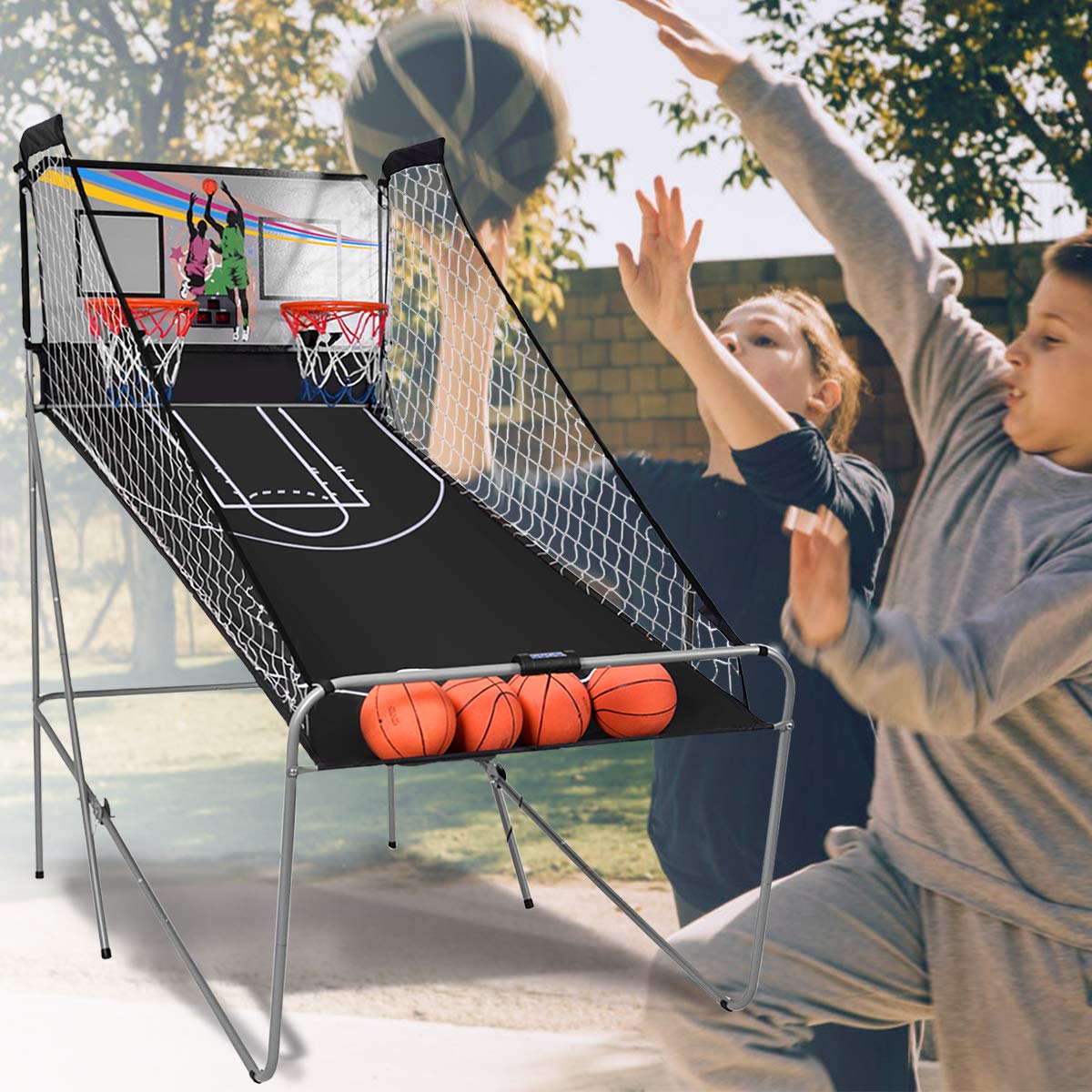 GYMAX Foldable Electronic Arcade Basketball Game - 8 Fun Modes, Real Arcade Sounds, Includes 4 Balls & Air Pump - Perfect for Indoor Family Fun, Kids Parties & Game Room Entertainment