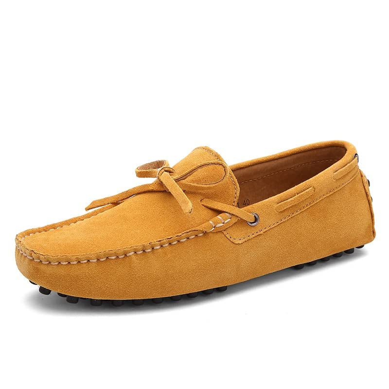 Men's Suede Smoking Loafer Shoes - Round Toe Slip-On Deck Shoes with Stitching Details, Comfortable Soft Flat Heel for Walking - Yellow Size 8 | Perfect for Casual Outings, Office Wear & Travel