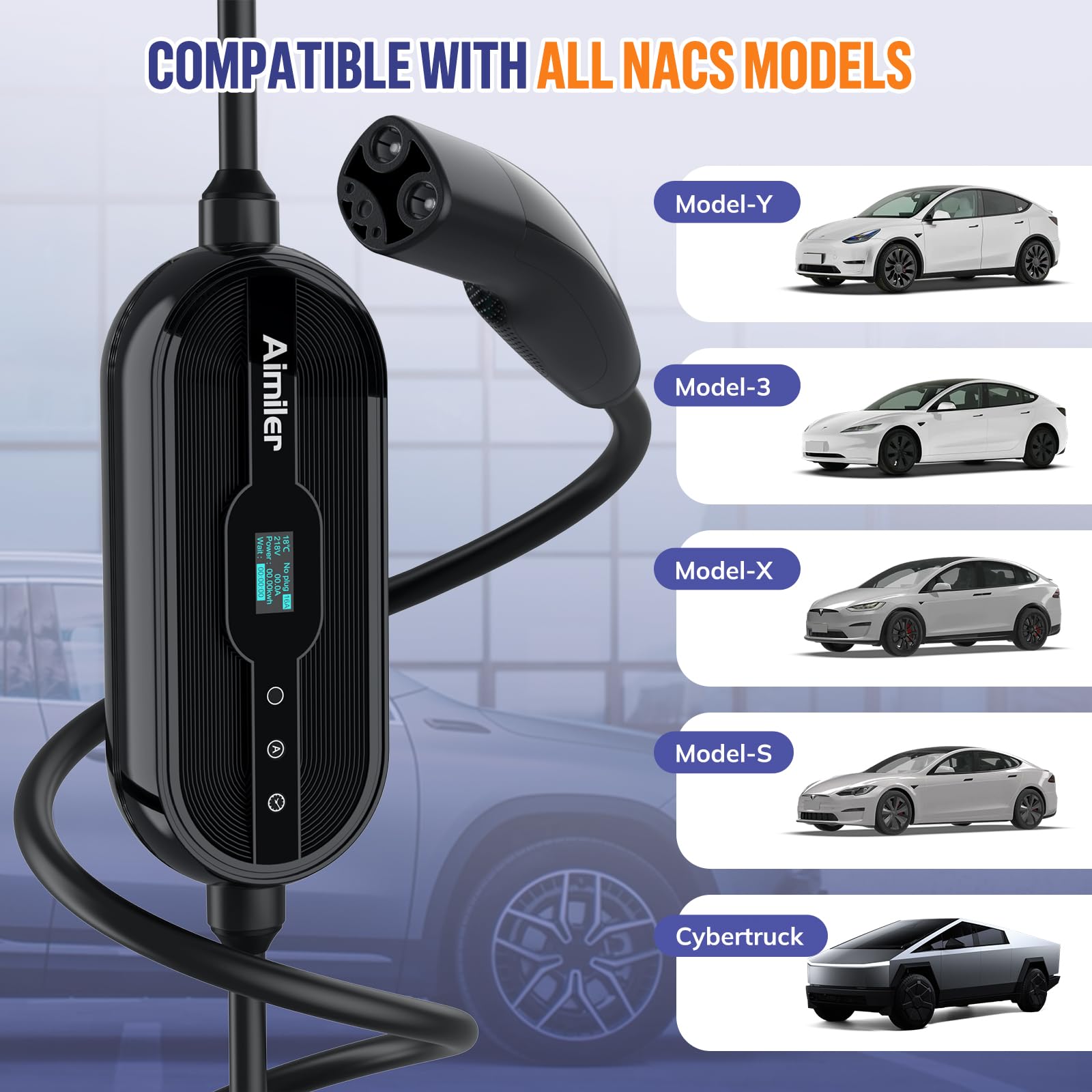 Level 1/2 Tesla Charger with WiFi APP Control - 16Amp, 240V NEMA 6-20 Plug & 120V NEMA 5-15 Adapter - 25ft ETL Certified Cord - Portable EV Charger for Tesla Model X/Y/3/S - Perfect for Home, Garage & Road Trips