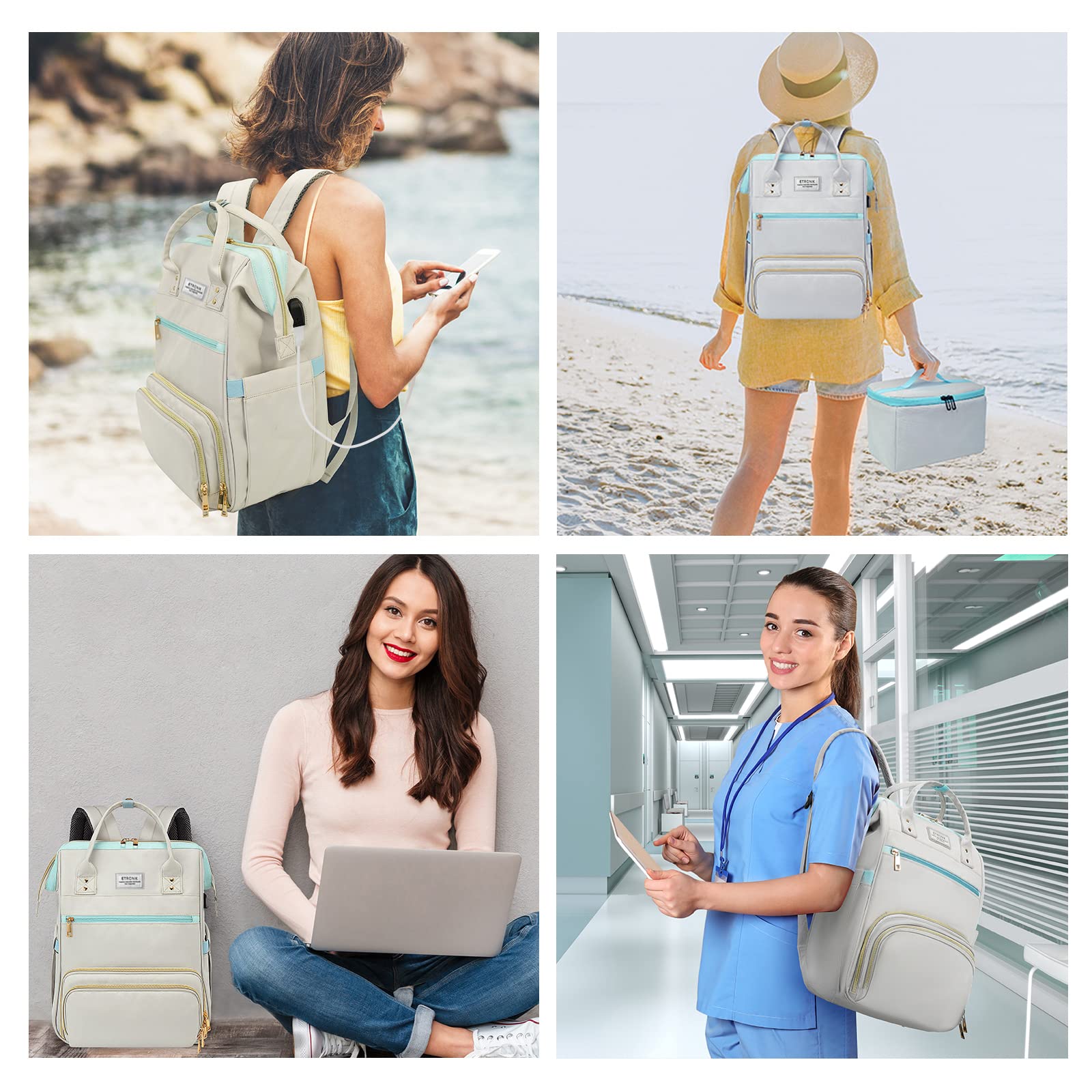 ETRONIK 15.6 Inch Laptop Backpack with USB Charging Port & Insulated Lunch Box - Stylish Work Bag for Nurses, Teachers, Men & Women - Perfect for Office, School & Travel (Grey Blue)