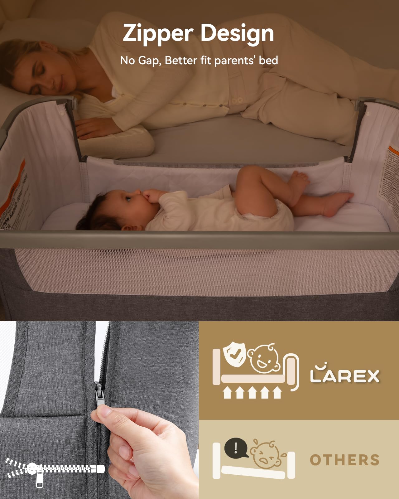 Larex Adjustable Baby Bassinet Bedside Sleeper - Portable Crib with Storage Basket & Wheels for Newborns & Infants | Easy Fold Assembly | Grey | Perfect for Nursery, Bedroom & Travel