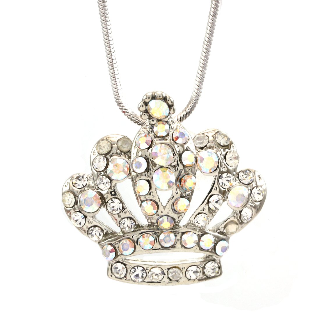 Princess Crown Tiara Pendant Necklace with Clear Rhinestones - Elegant Fashion Jewelry for Women, Brides, Prom, Birthday Parties & Special Occasions