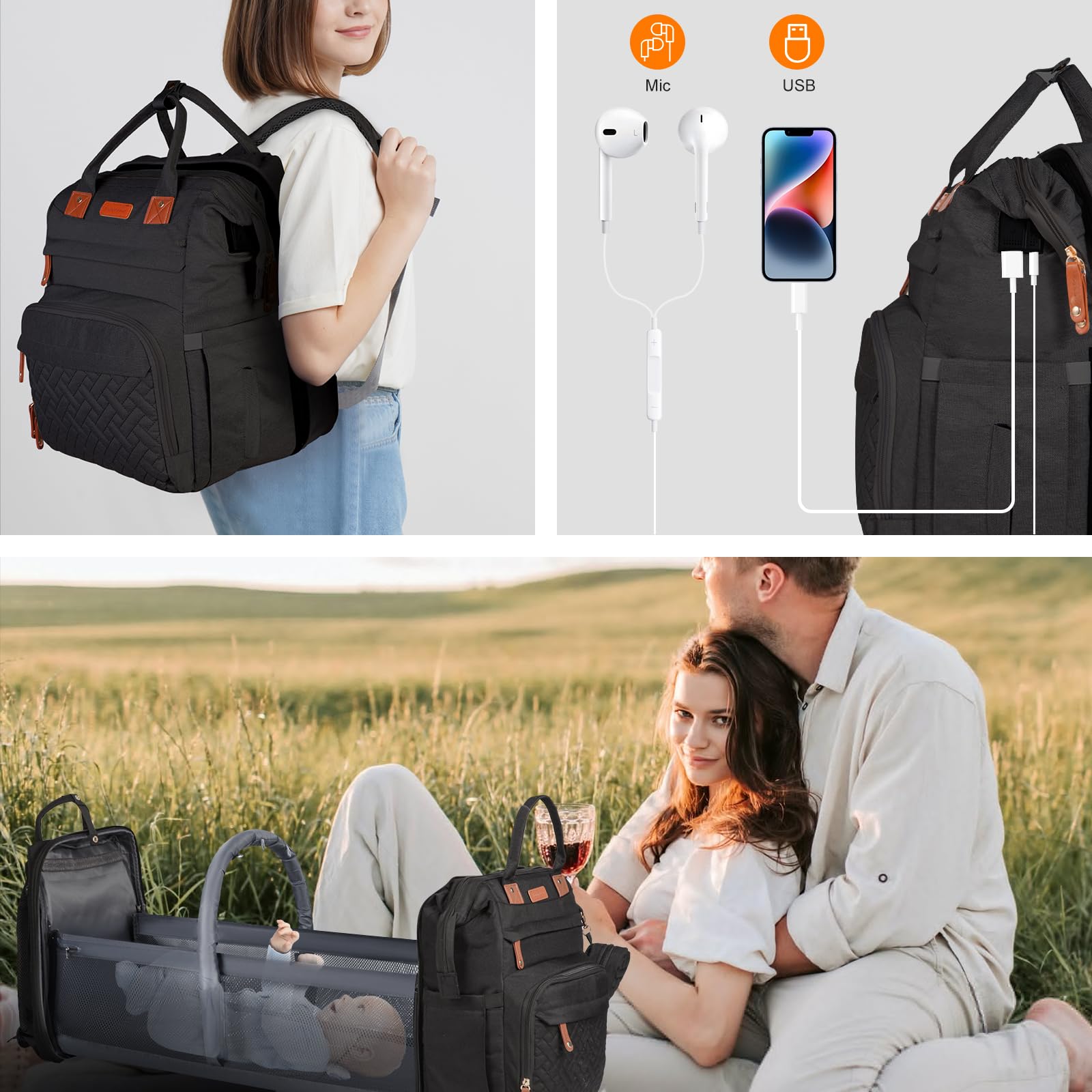 Premium Diaper Backpack for Travel - Large Capacity 900D Oxford Cloth Baby Bag with Changing Station | 3-in-1 Multifunctional Parent & Baby Essentials Organizer (Black) - Perfect for Daycare, Air Travel & Family Outings