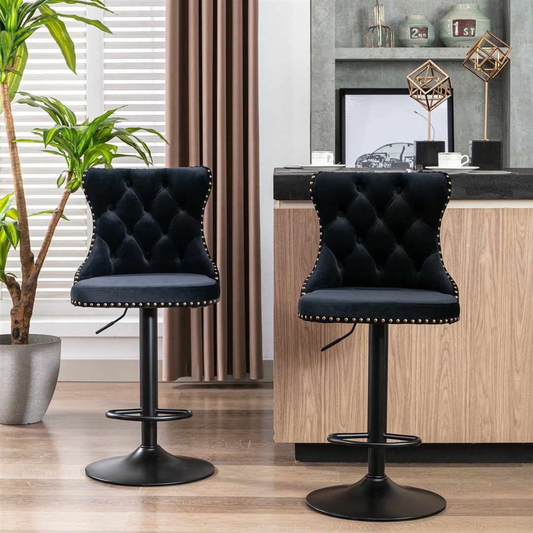 Adjustable Height Swivel Bar Stool with Velvet Upholstery & Nailhead Trim - Footrest Included - Perfect for Kitchen Islands, Home Bars & Dining Counter Seating