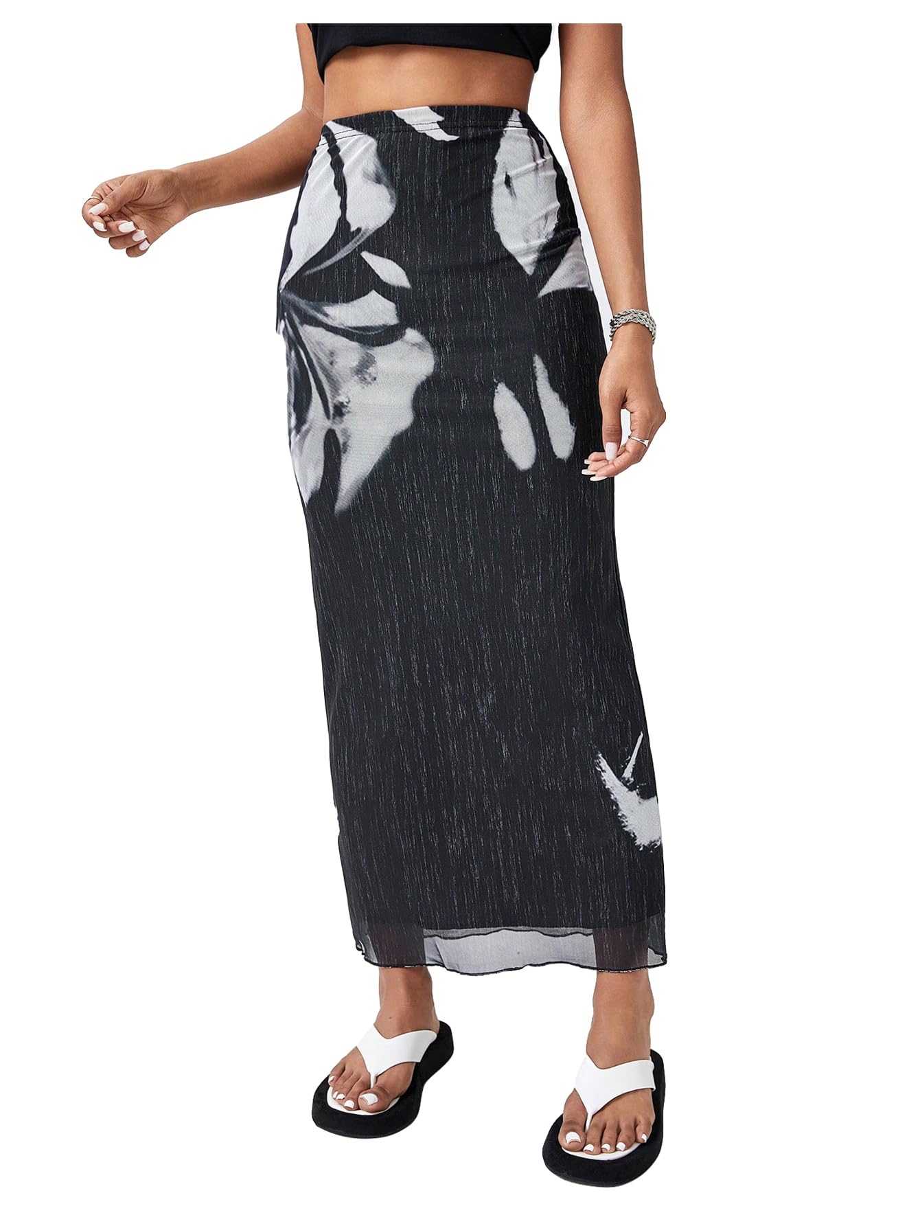MakeMeChic Women's Y2K High Waist Graphic Print Mesh Pencil Maxi Skirt - Trendy Long Skirt for Party, Club, Date Night & Casual Outfits