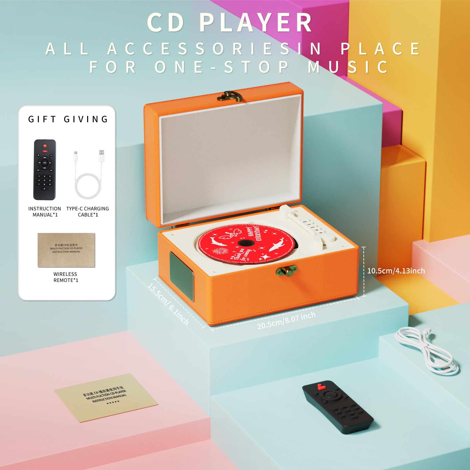 Time Music Box CD Player with Bluetooth & Speakers - Wireless Audio Transmitter for Home, Office, or Party | Perfect Gift for Music Lovers & Home Decor (Orange)
