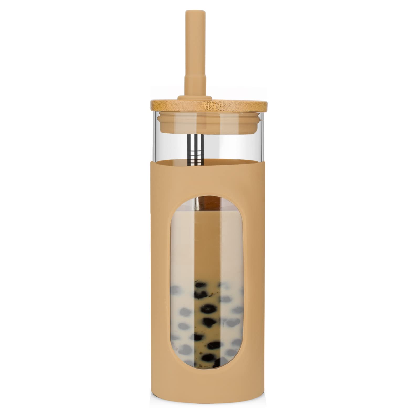 18oz Glass Tumbler with Bamboo Lid & Straw - Spill Proof BPA Free Glass Cup for Boba Tea, Iced Coffee, Smoothies - Dishwasher Safe with Silicone Sleeve - Perfect for Office, Gym, Travel & Outdoor Activities