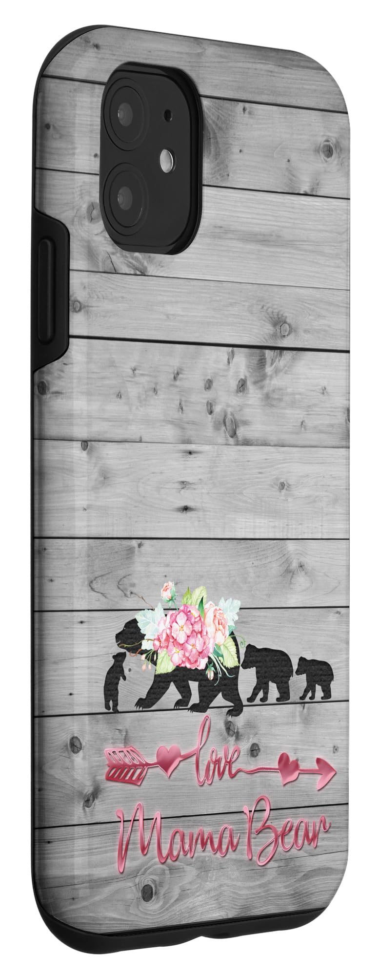 iPhone 11 Case - Pink Floral Black Mama Bear with Three Cubs Vintage Design, Gray Rustic Protective Cover | Perfect for Women, Moms & Vintage Lovers