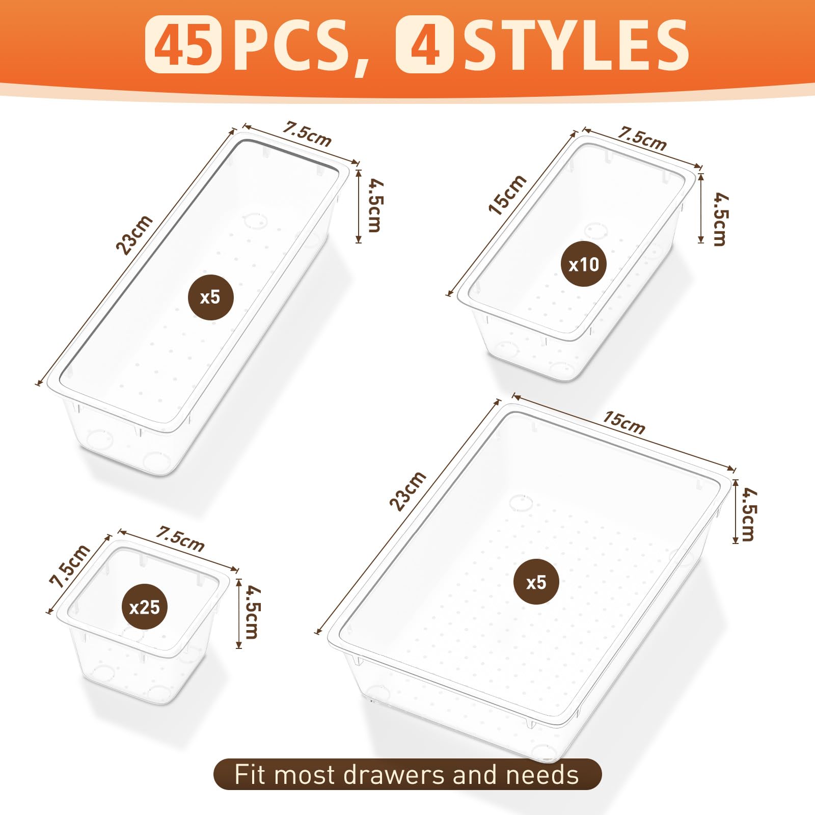 45-Piece Clear Plastic Drawer Organizer Set - 4-Size Versatile Storage Trays for Bathroom, Vanity, Makeup, Kitchen & Office | Space-Saving Drawer Dividers for Cosmetics, Utensils, Gadgets & Small Items | Perfect for Home, Bedroom & Workspace Organization
