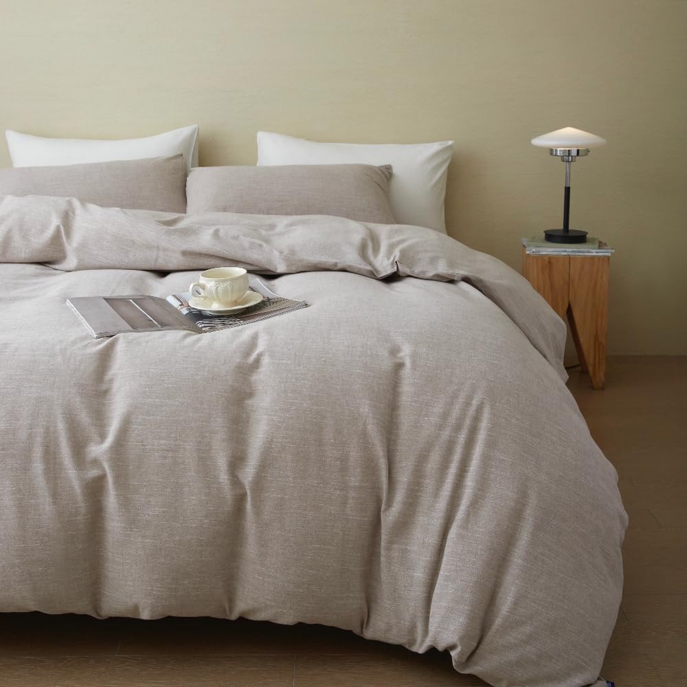 Stonewashed Cotton Linen Duvet Cover Twin Size - 3 Piece Breathable Comforter Set | Soft Skin-Friendly Bedding in Khaki | Perfect for Guest Rooms, Dorms & Cozy Bedrooms