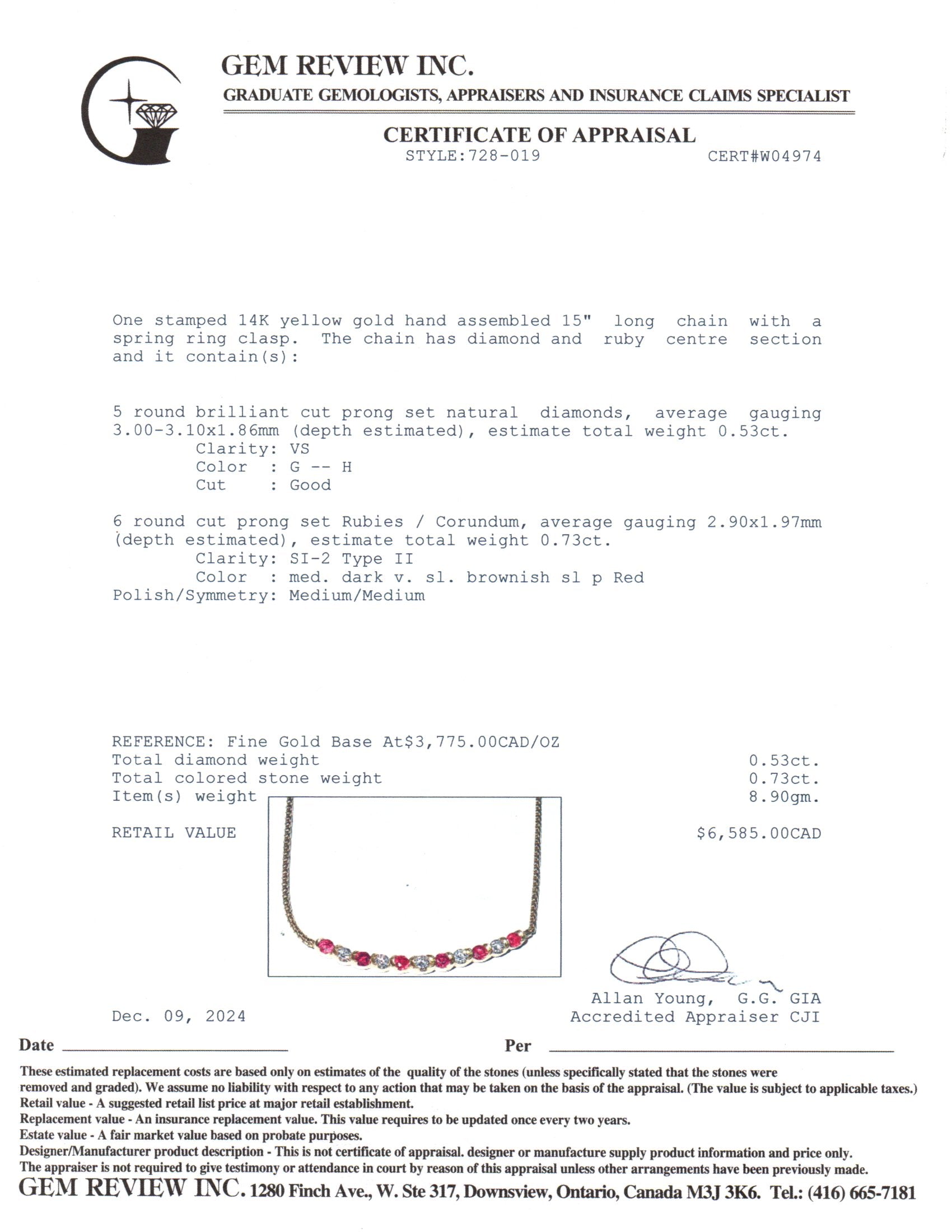14K Yellow Gold Ruby and Diamond Necklace - 0.73ctw Ruby & 0.53ctw Diamond - 15