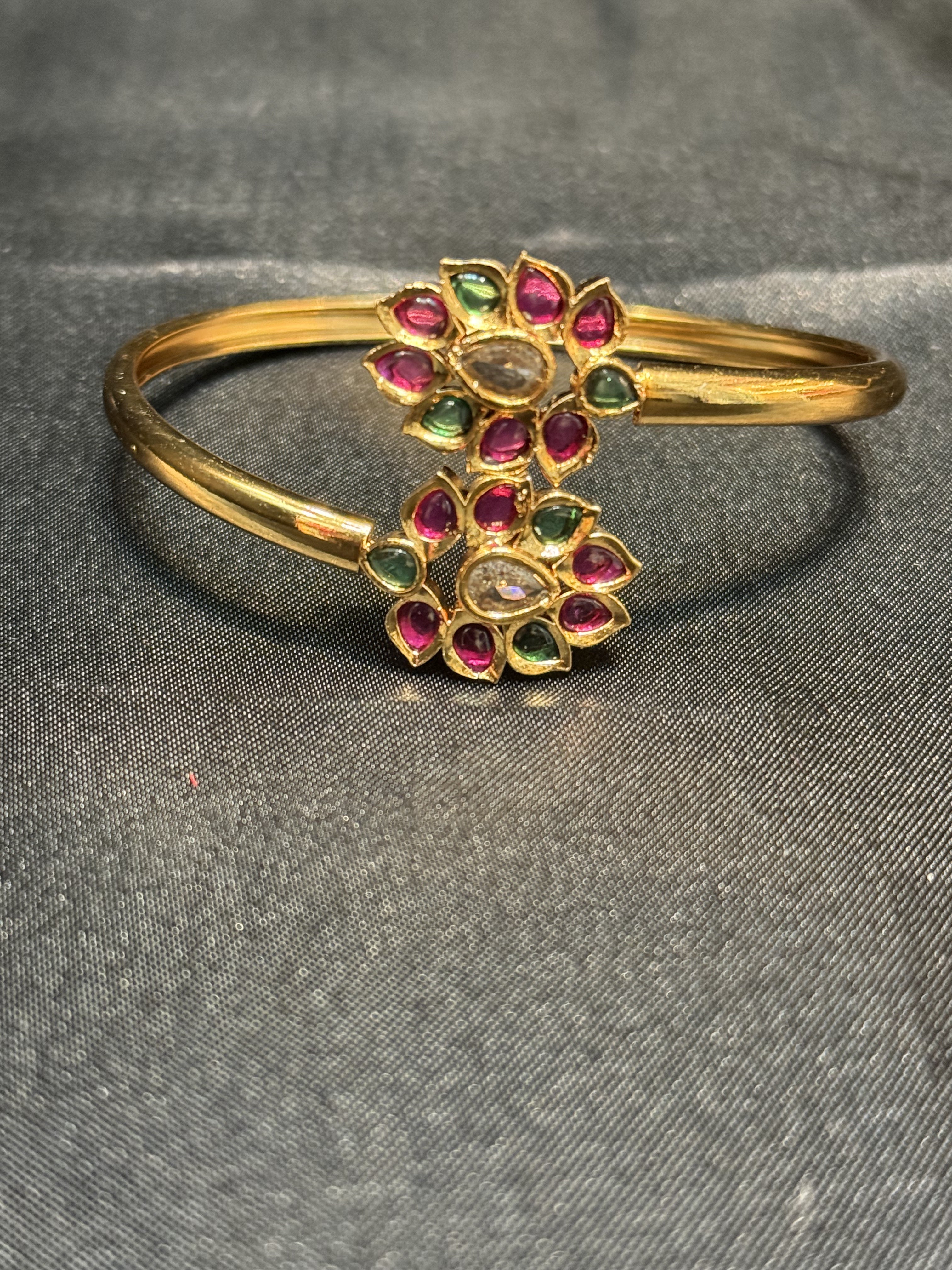 Elegant Gold Plated Bracelet with Pink & Green Stones and Floral Design - Perfect for Parties, Weddings & Special Occasions