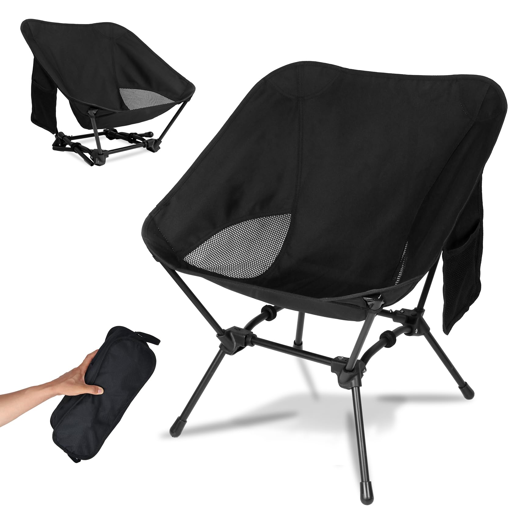 **Dreamoon Lightweight Foldable Camping Chair - Portable Backpack Chair with Side Pockets & Carry Bag, Adjustable Height Compact Outdoor Chair for Camping, Beach, Picnic, Hiking, Fishing, Travel - Perfect for Backyard BBQs, Tailgating & Outdoor Concerts - Black**