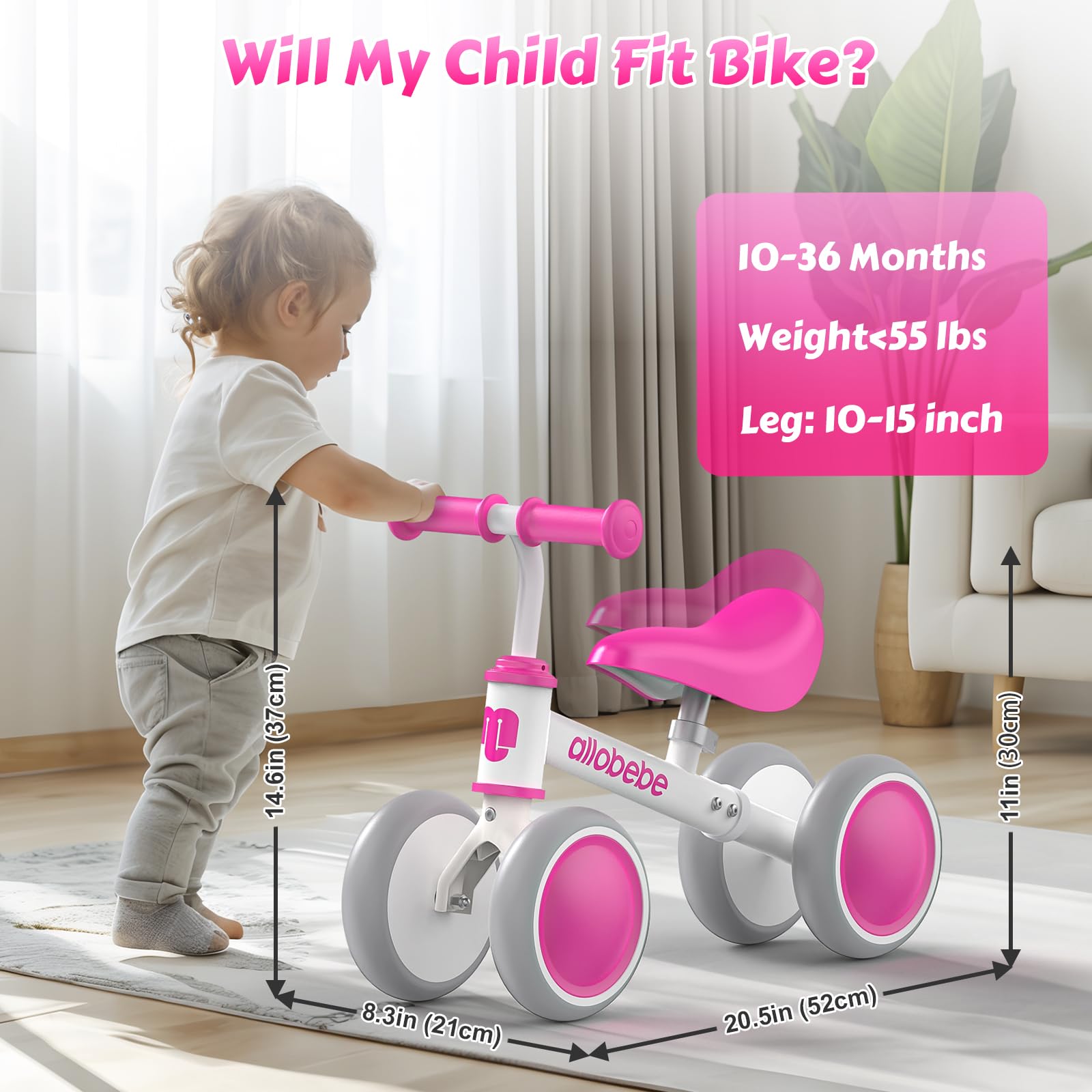 Allobebe Baby Balance Bike for Toddlers 12-36 Months - Adjustable Seat, Silent 3 Wheels, First Bike Gift for 1 Year Old Girls & Boys - Perfect for Learning to Walk, Run & Ride Indoors/Outdoors