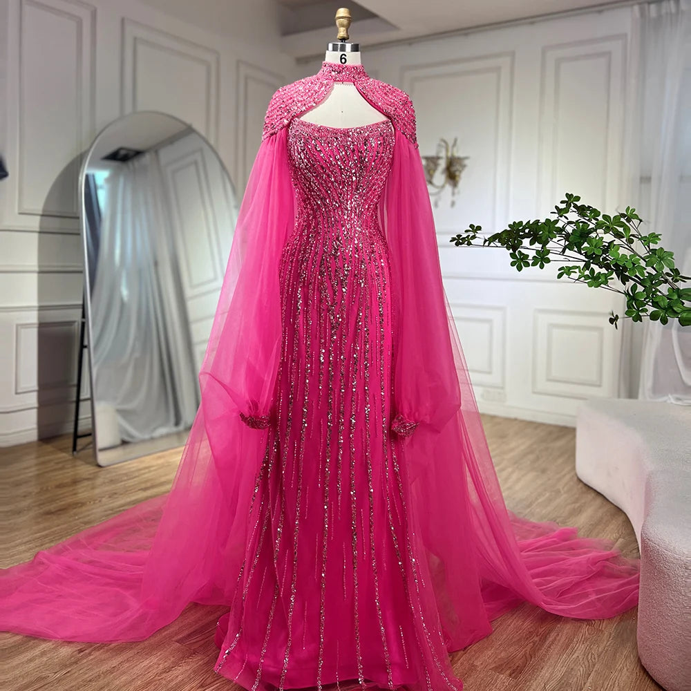 Luxury Beaded Pearl Mermaid Evening Gown for Women - Serene Hill Dubai Caramel Long Cloak Wedding Party Dress LA72223 | Elegant Formal Wear for Bridal, Prom & Special Occasions
