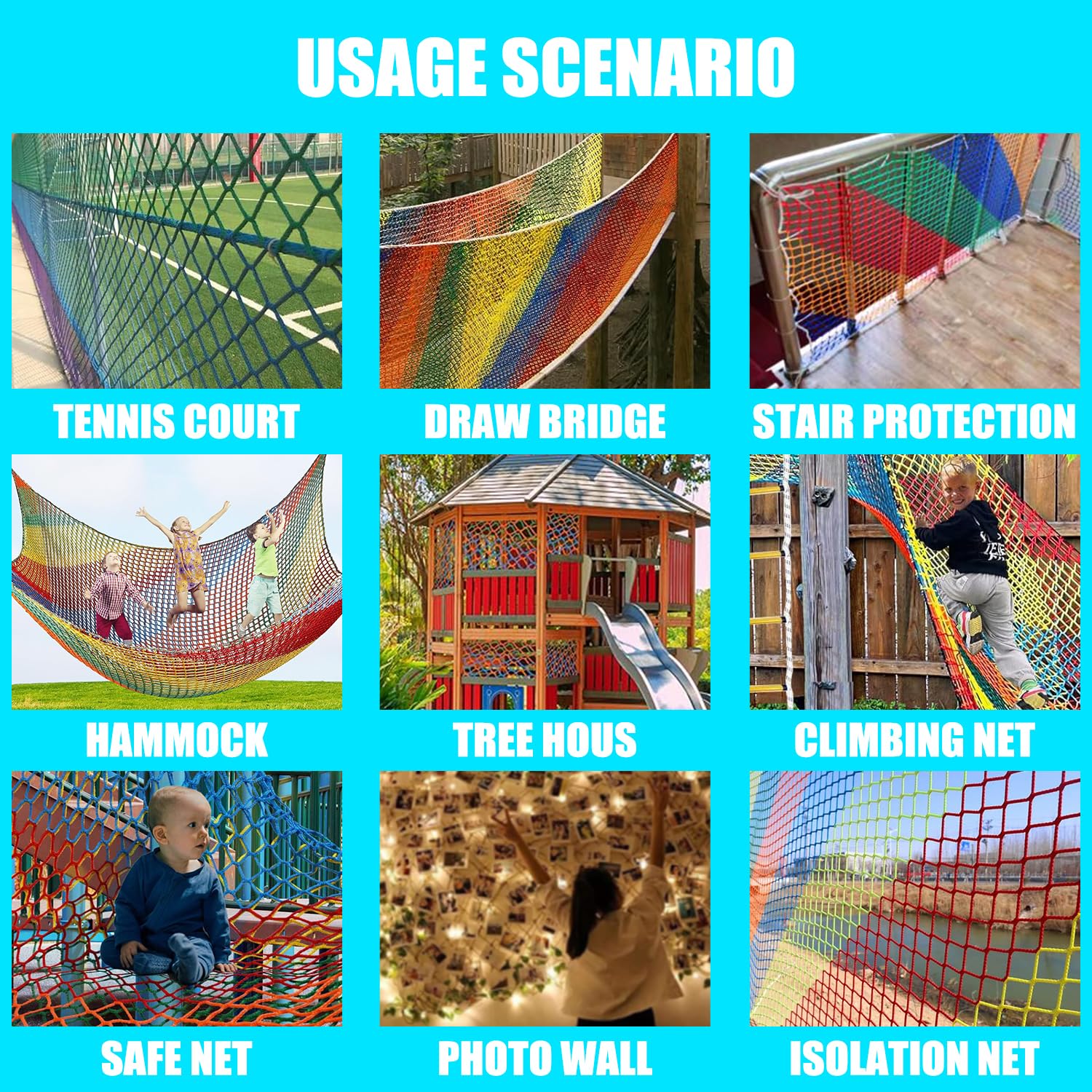 Kids Climbing Cargo Net - Outdoor Playground & Balcony Safety Net - Knotless Durable Polyester Sports Netting for Backyard, Treehouse & Indoor Play Areas