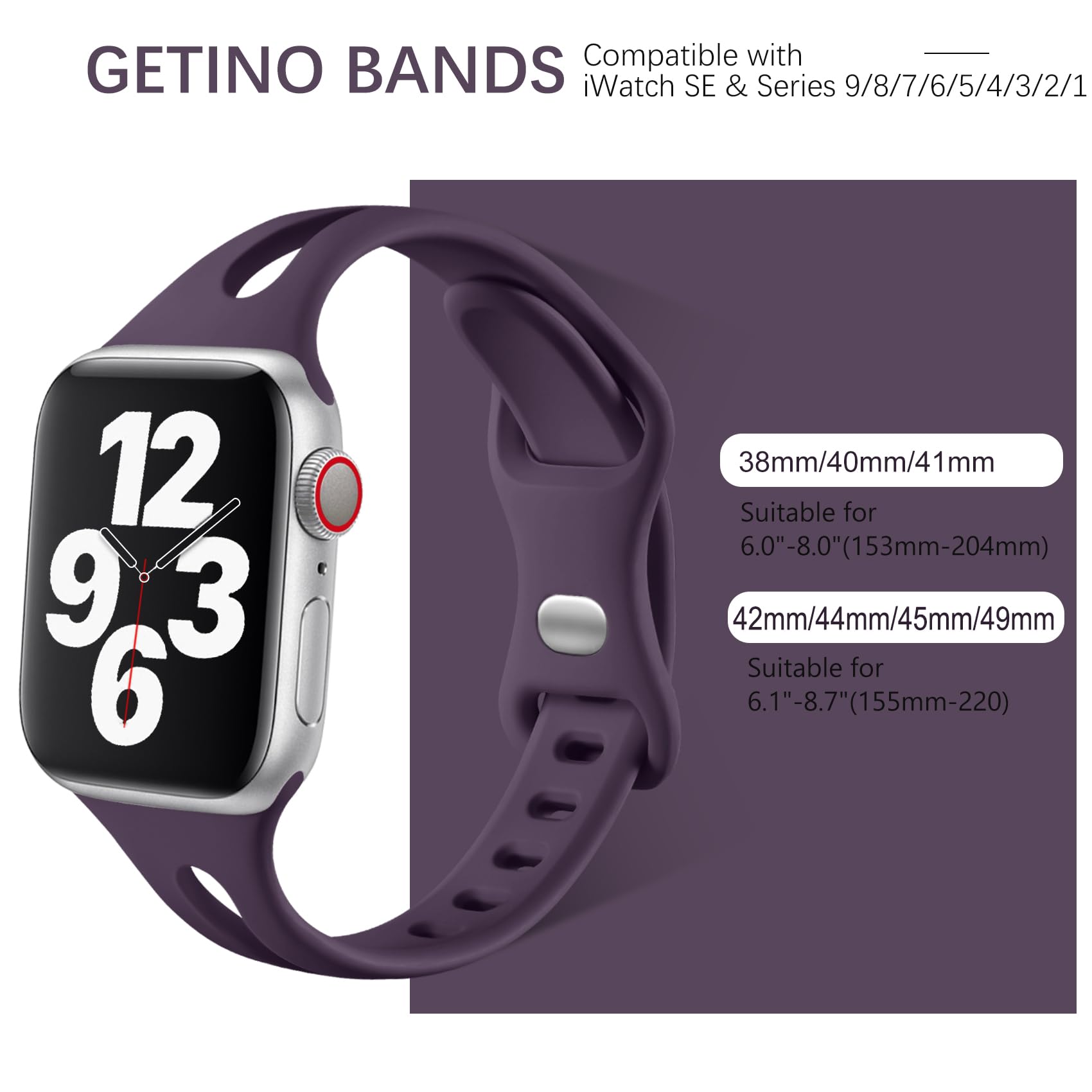 Getino Compatible with Apple Watch Band 42mm 44mm 45mm 46mm 49mm - Slim Sport Silicone Strap for iWatch SE/Ultra/Series 10-1 - Starlight/Cherry Purple/Smoke Purple/Dark Grey - Perfect for Running, Gym & Everyday Wear (Men & Women)