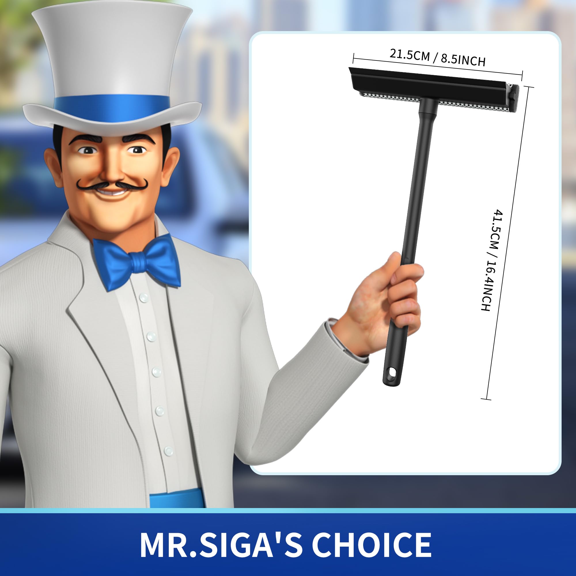 MR.SIGA Professional Car Window Squeegee - 2 in 1 Windshield Cleaner with Rubber Blade & Sponge Scrubber, Ergonomic Handle for Streak-Free Cleaning - Perfect for Car Wash, Home Windows & Glass Surfaces