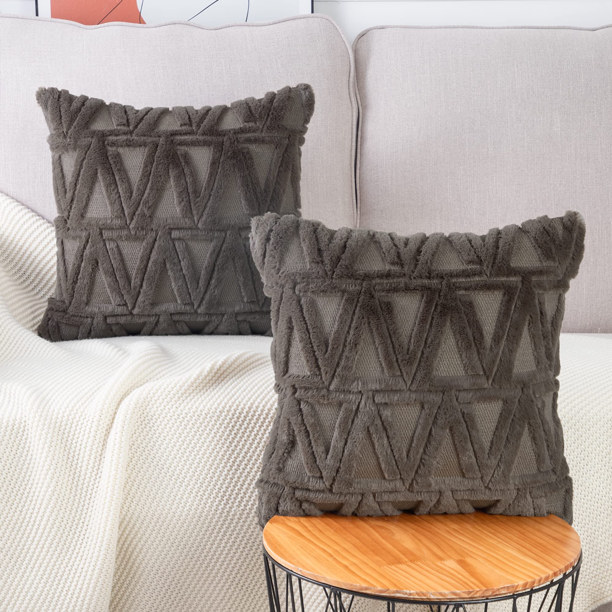Soft Taupe Plush Wool Throw Pillow Covers Set of 2 - Super Soft Boho Velvet Decorative Pillow Cases for Sofa, Bed, Couch - 20x20 Inch Textured Home Decor - Perfect for Living Room, Bedroom & Cozy Home Styling