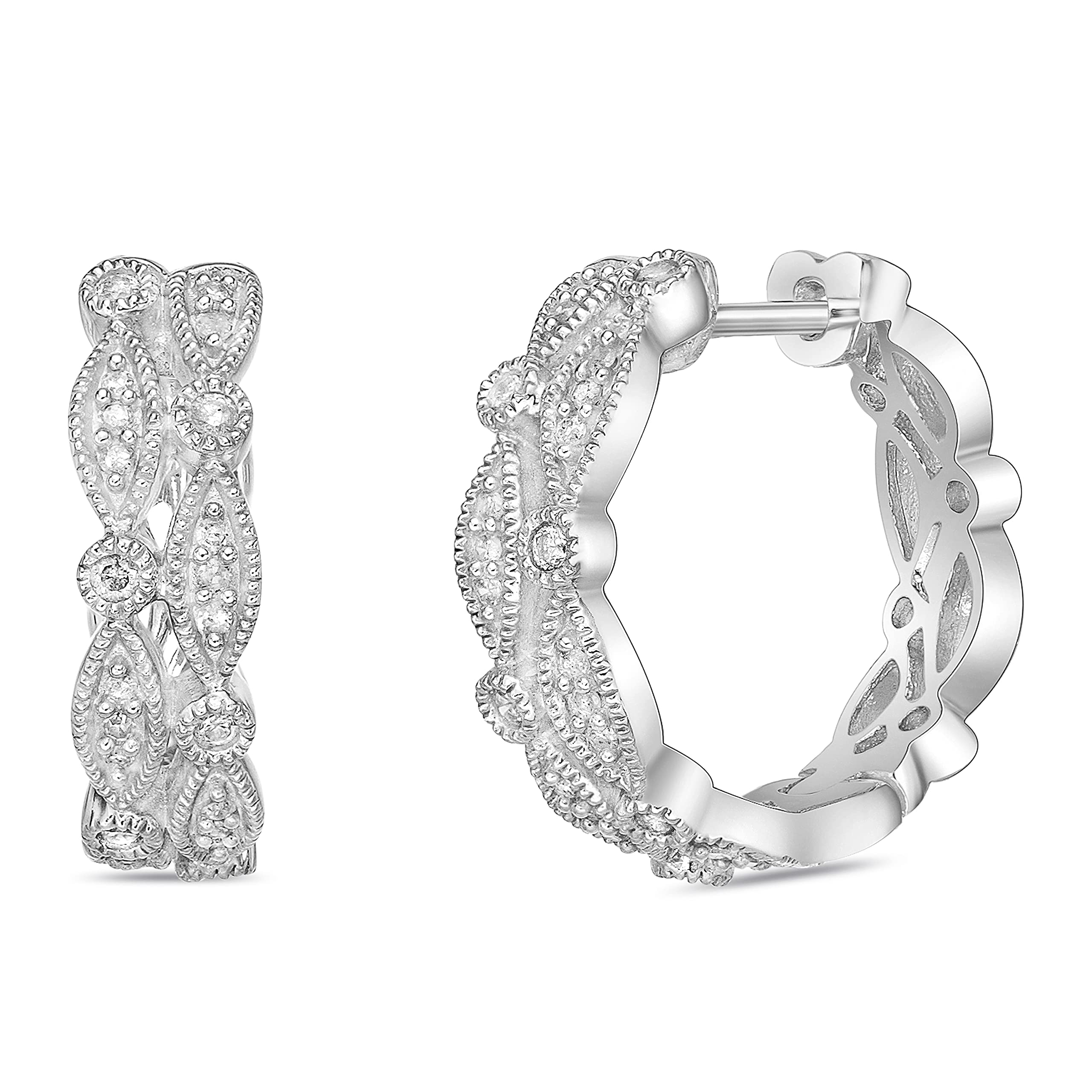 .925 Sterling Silver 1/3 Cttw Diamond Two Row Marquise & Round Huggie Hoop Earrings (I-J Color, I2-I3 Clarity) - Elegant Everyday Jewelry for Women, Perfect for Work, Date Night & Special Occasions