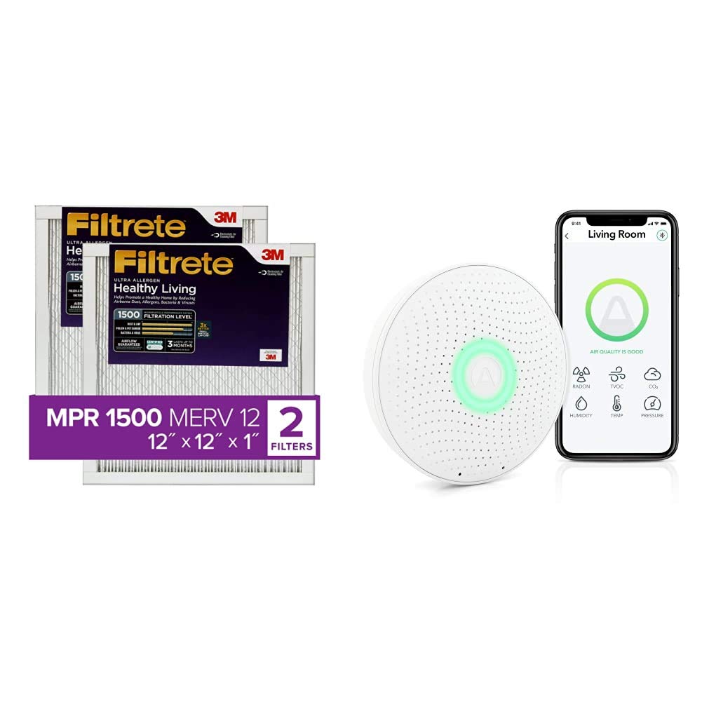 Filtrete 12x12x1 MPR 1500 AC Furnace Air Filter & Airthings Wave Plus Air Quality Monitor Kit - Improve Indoor Air Quality for Home, Office & Allergy Relief