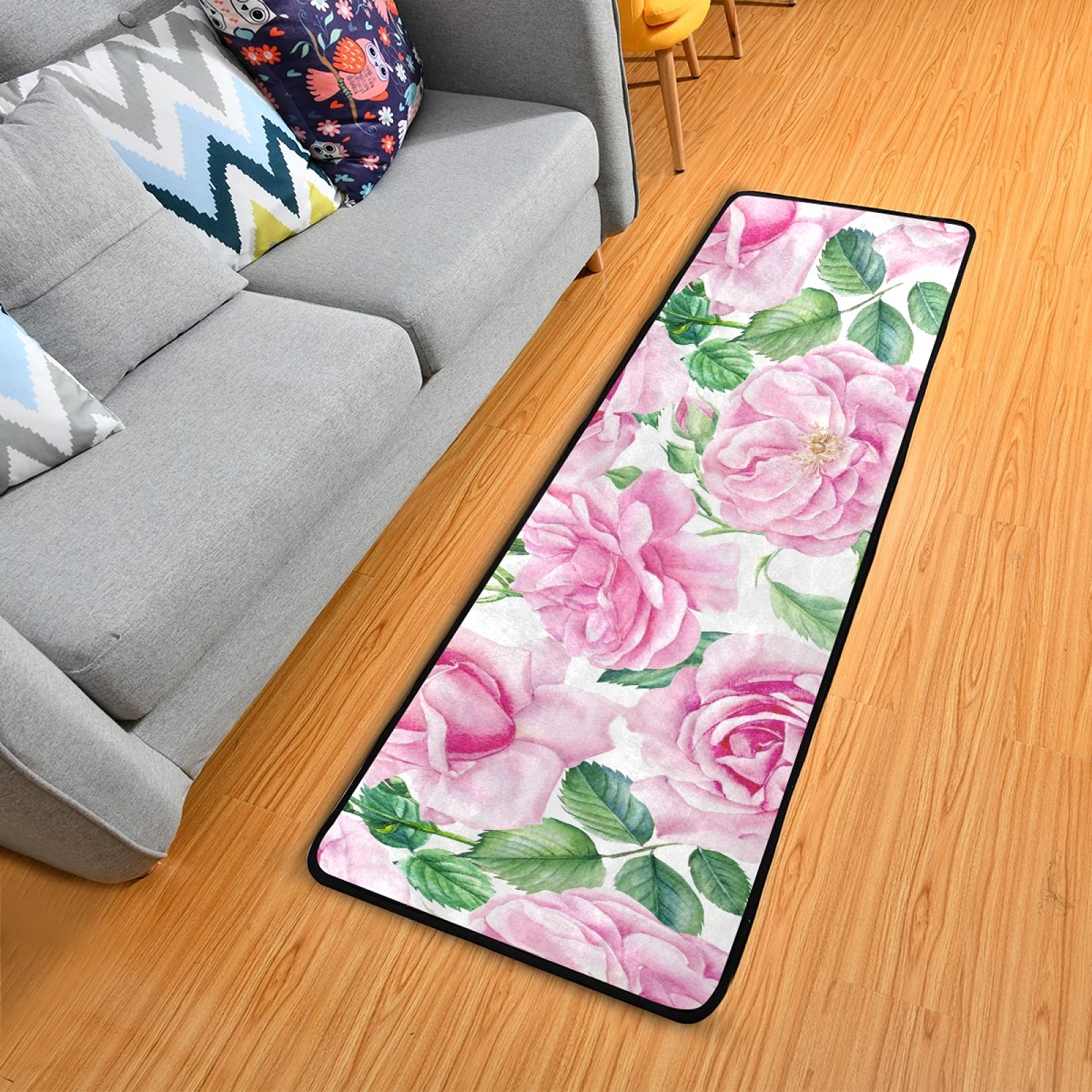 Floral Pink Roses White Runner Rug - Non-Slip Hallway Carpet 2x6 FT, Soft Indoor Area Rug for Kitchen, Bathroom, Bedroom & Entryway - Perfect for Home Decor, Wedding Aisle, and Cozy Living Spaces