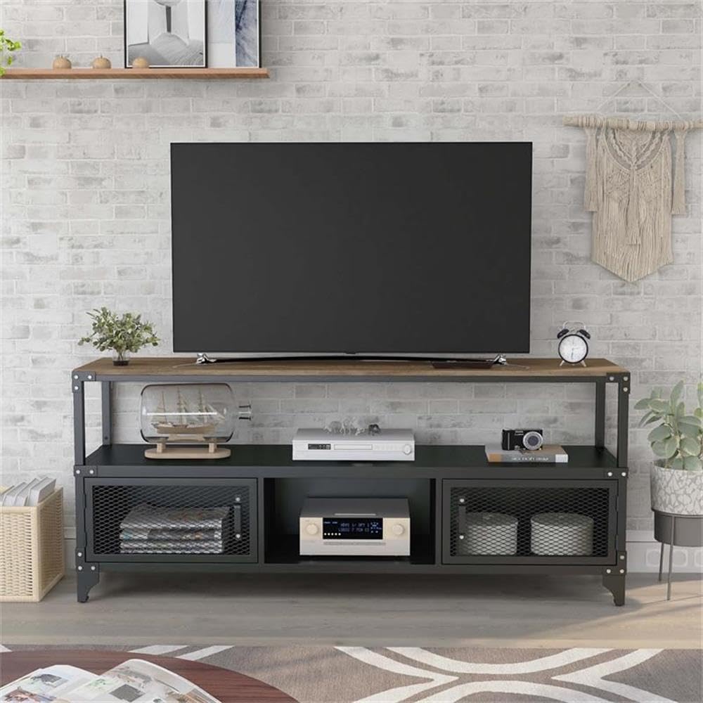 Furniture of America Jordun Industrial Metal 70-inch TV Stand in Sand Black - Modern Entertainment Center for Living Room, Bedroom & Home Theater