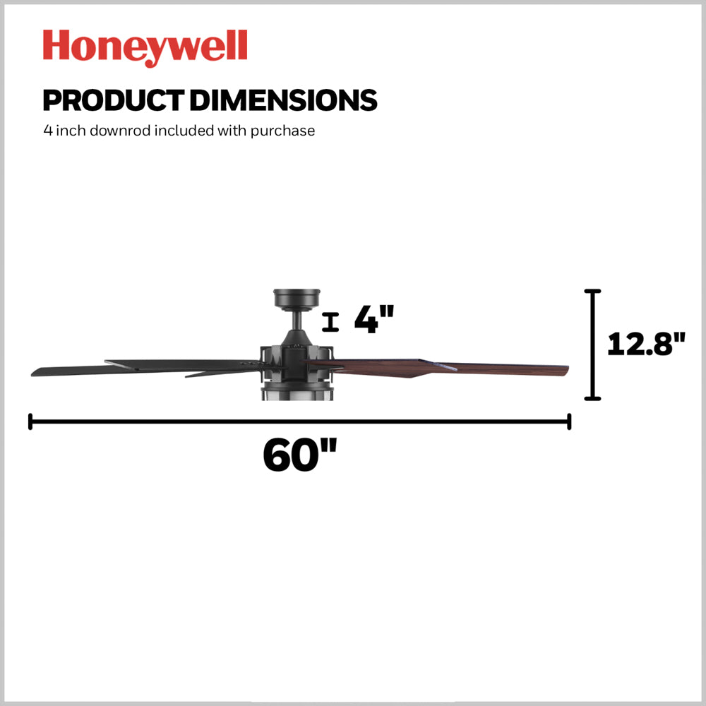 60 Inch Honeywell Kaliza Matte Black Smart Ceiling Fan with Color Changing LED Light & Remote Control - Perfect for Living Room, Bedroom, and Outdoor Spaces