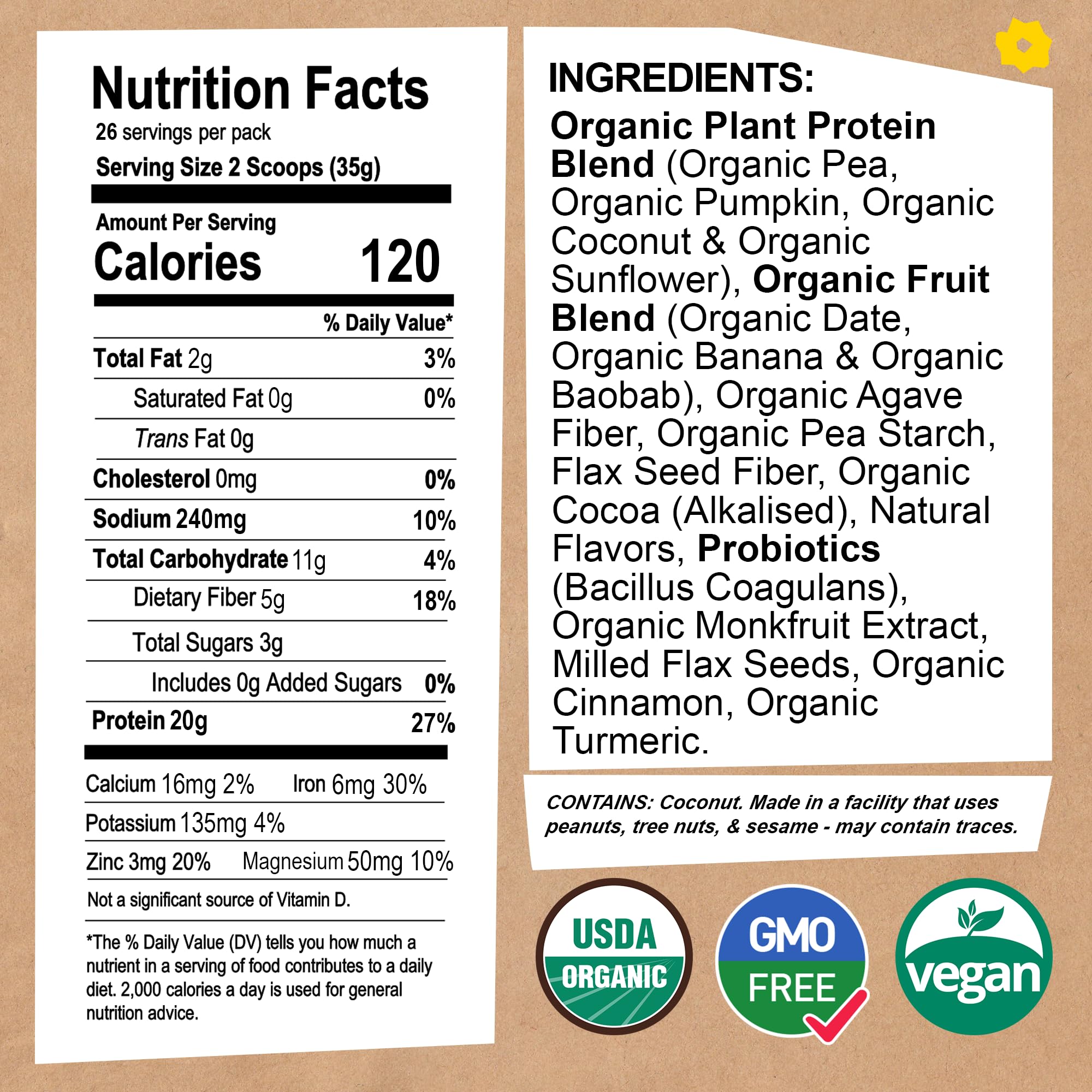 EarthChimp Organic Vegan Protein Powder with Probiotics - Non-GMO, Dairy-Free, Plant-Based Protein for Men & Women - Gluten-Free, Whey-Free - 26 Servings, 32oz Vanilla - Perfect for Post-Workout Recovery & Smoothies
