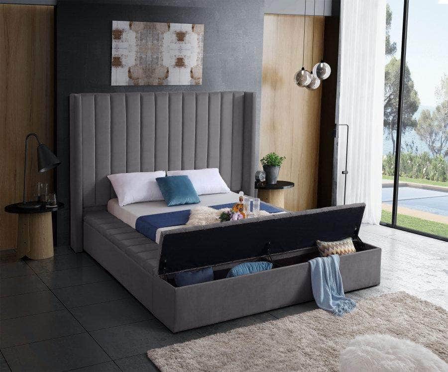 Vaughan Velvet Wingback Platform Bed with Channel Tufting & 3 Storage Benches - Queen/King Size, Gray/Blue/Pink - Luxurious Bedroom Furniture for Master Suite, Guest Room & Apartment