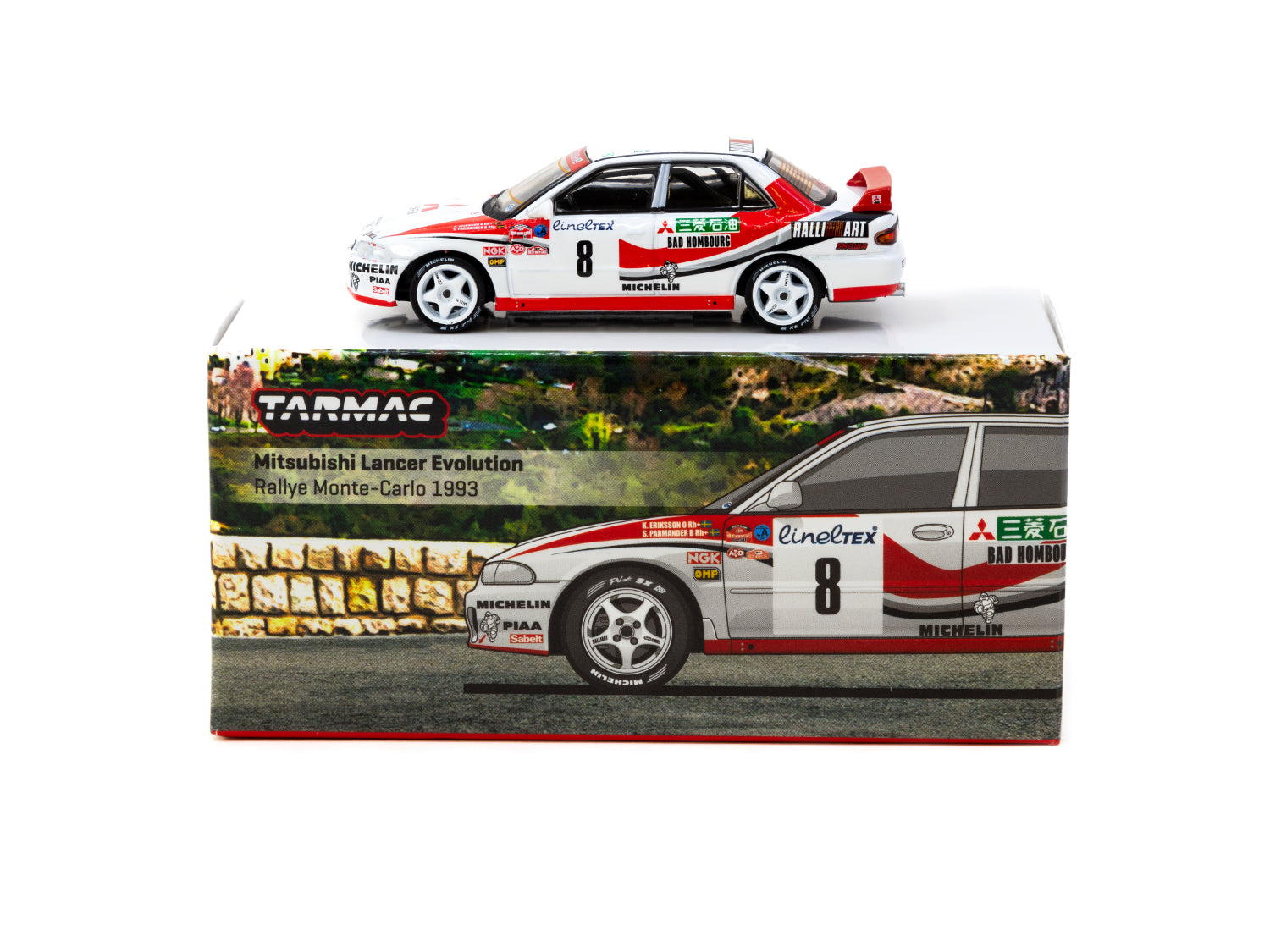 Tarmac Works 1/64 Scale Mitsubishi Lancer Evolution Rallye Monte Carlo 1993 #8 Diecast Model Car - Collectible Miniature for Racing Fans & Display Enthusiasts
