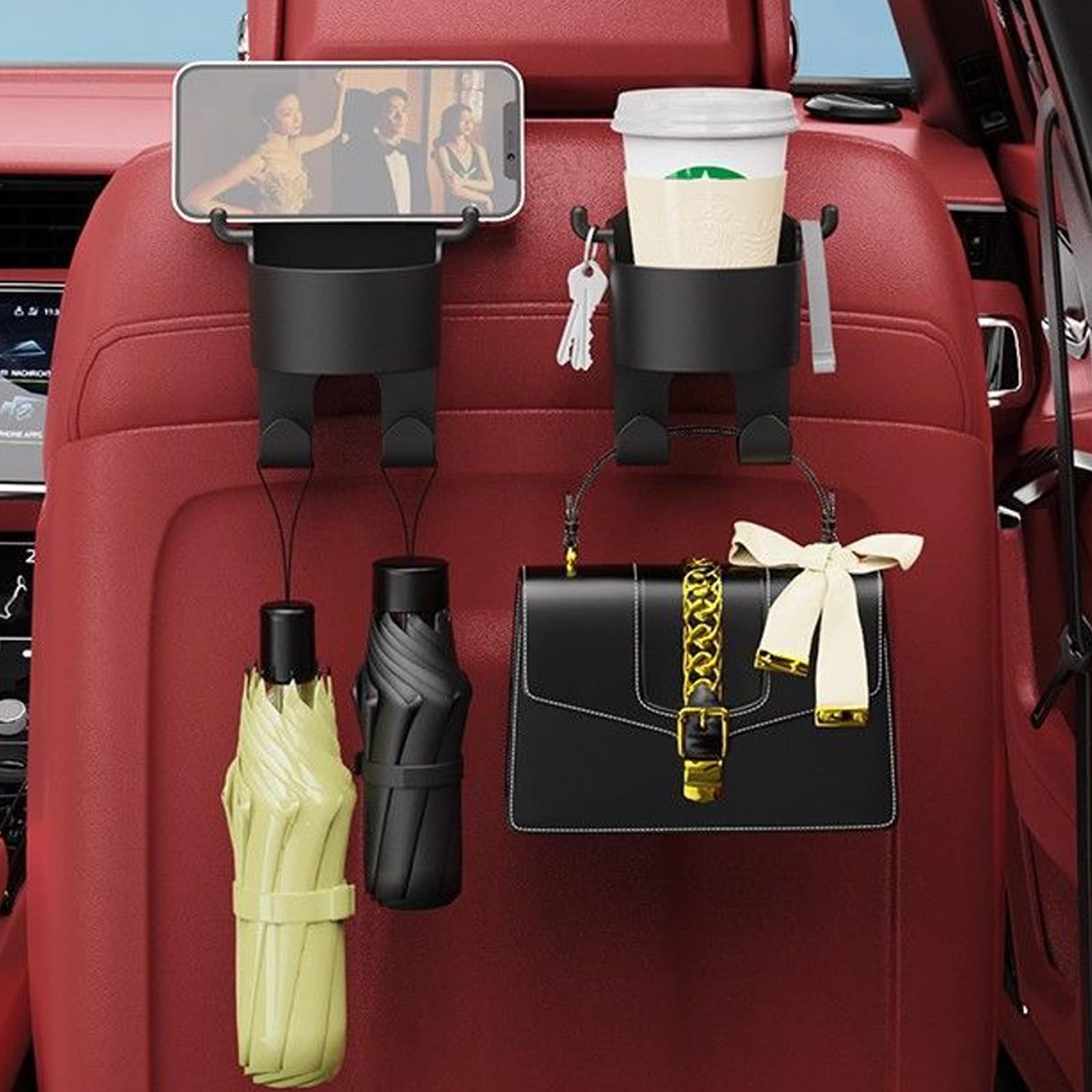 3-in-1 Multifunctional Car Seat Back Hook & Cup Holder - Heavy Duty Auto Organizer (2 Pack, Type-A) - Perfect for Road Trips, Grocery Bags & Backseat Storage