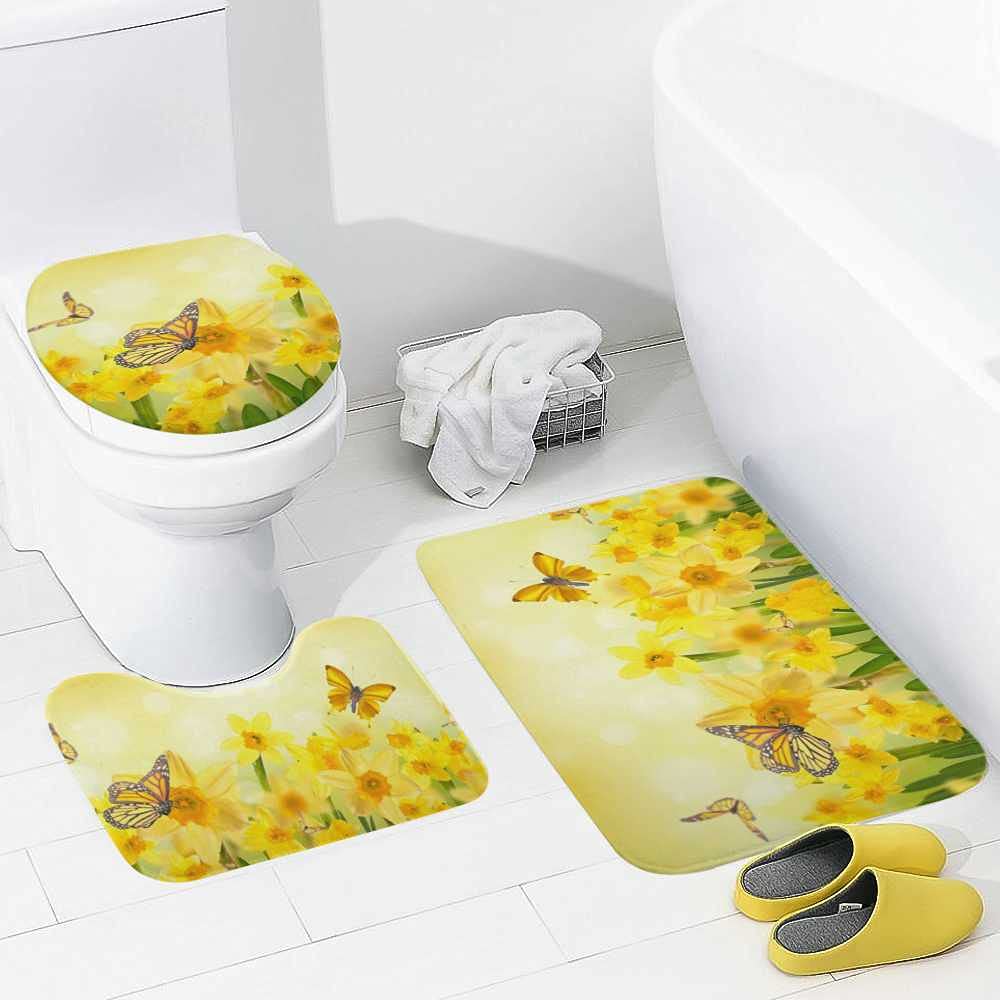 Hapuxt 3-Piece Bath Rug Set - Summer Yellow Flower Butterfly Design, Anti-Slip Absorbent Bath Mats, Toilet Lid Cover & U-Shaped Contour Rug - Machine Washable - Perfect for Bathroom Decor and Home Comfort