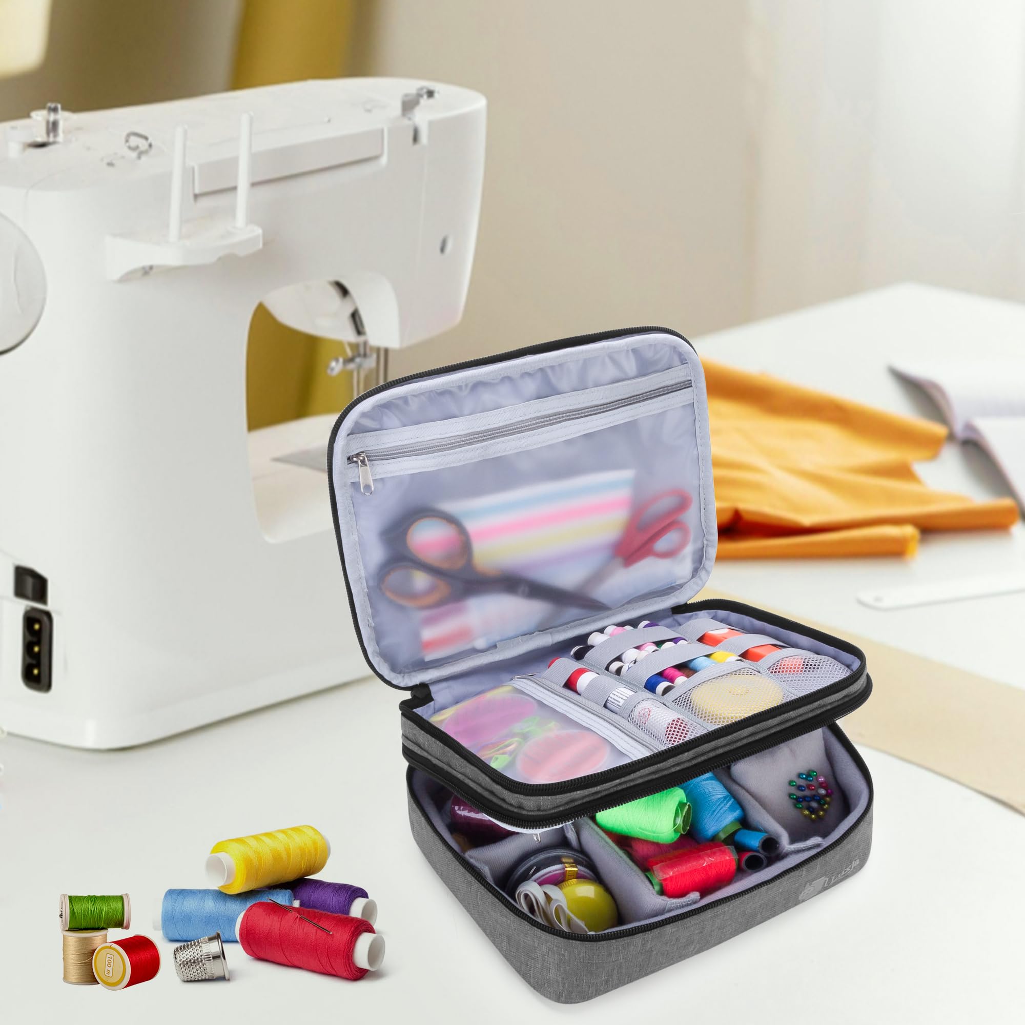 Luxja Double-Layer Sewing Supplies Organizer - Medium Gray Sewing Bag for Needles, Thread, Scissors & Measuring Tape - Perfect for Sewing Kits, Craft Storage & Travel Sewing Projects