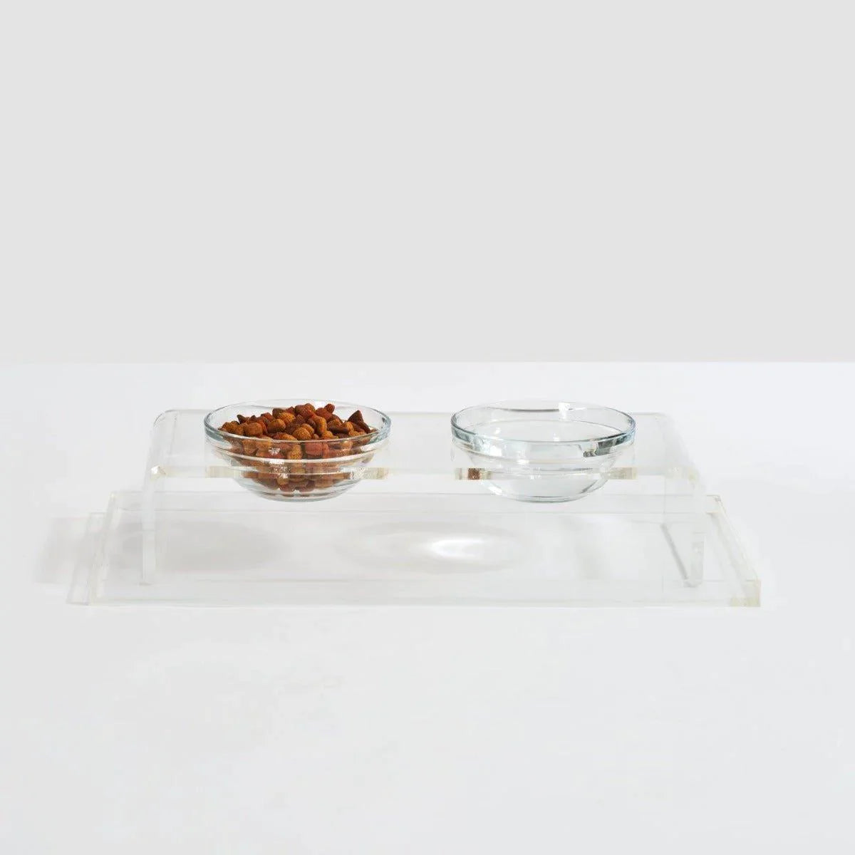 Clear Double Dog Bowl Feeder with 1 Pint Glass Bowls - Non-Slip Pet Food and Water Dish for Small to Medium Dogs - Perfect for Home, Kitchen, or Travel Use