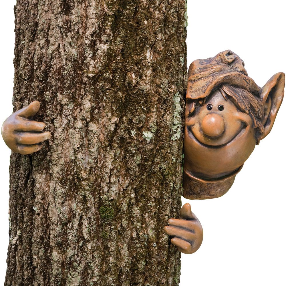 Elf Tree Hugger Sculpture - Whimsical Outdoor Yard & Garden Decor - Unique Elf Statue for Lawn, Patio, or Backyard - Funny Christmas Holiday Decoration for Trees